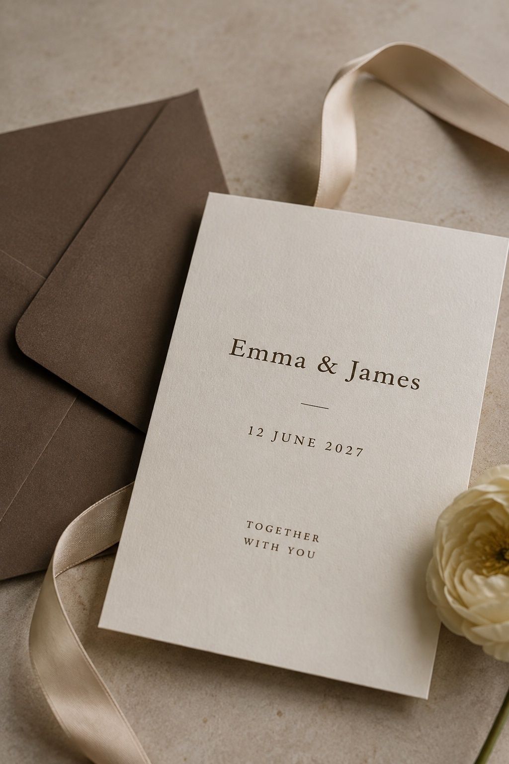 Cream wedding invitation with mocha lettering, brown envelope and champagne ribbon.