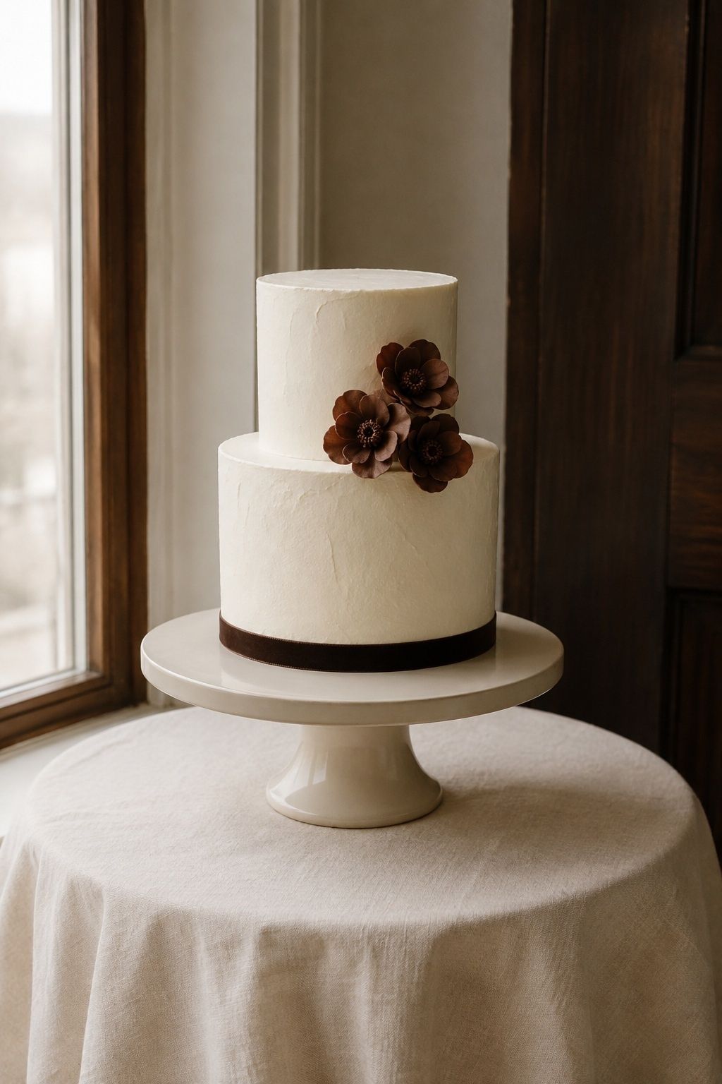 Two-tier cream wedding cake with brown sugar flowers and a mocha ribbon.