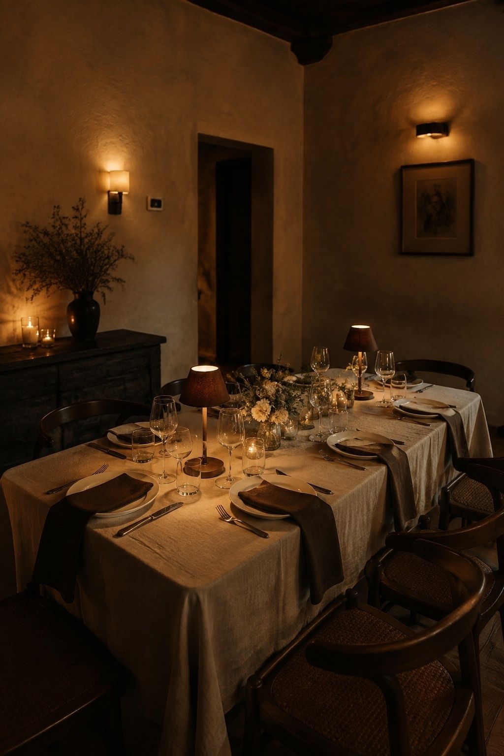 Intimate wedding dinner table lit by amber lamps and warm wall sconces.