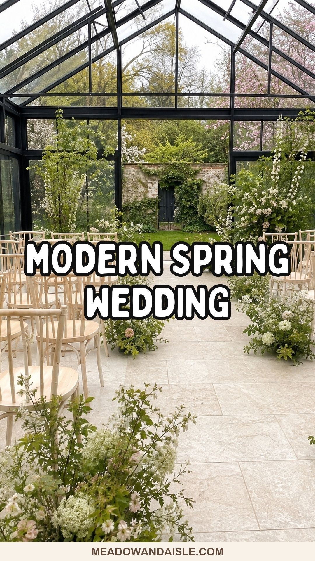 Modern spring wedding ideas in a bright glasshouse with bold saveable title text.