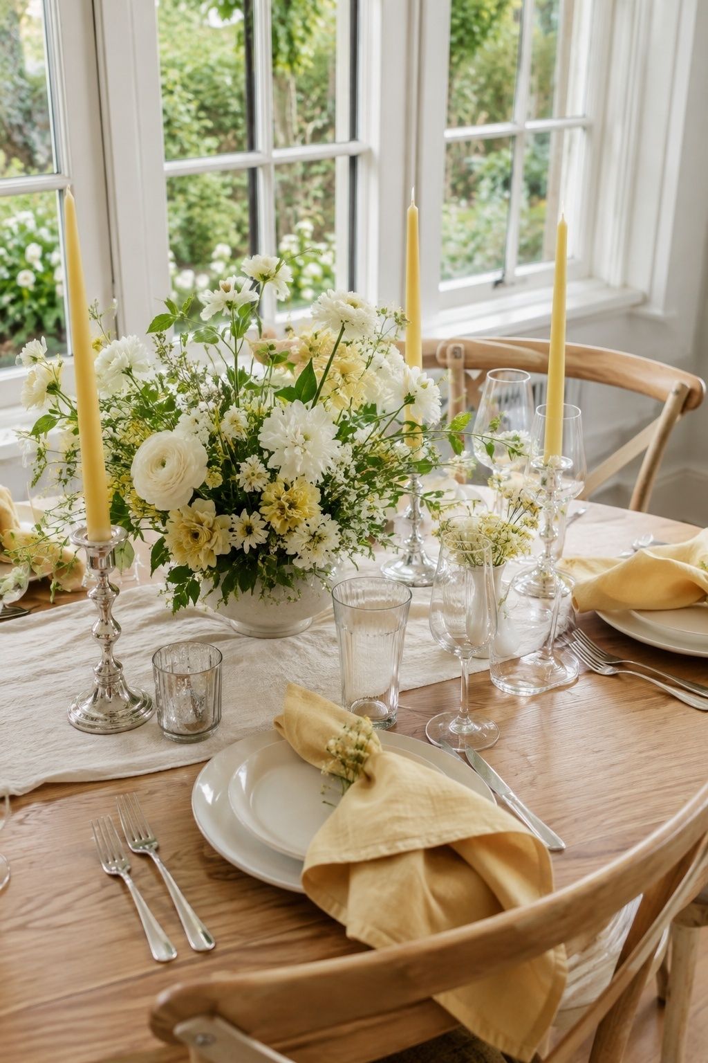 Butter yellow candles and napkins accent an intimate modern spring wedding table.