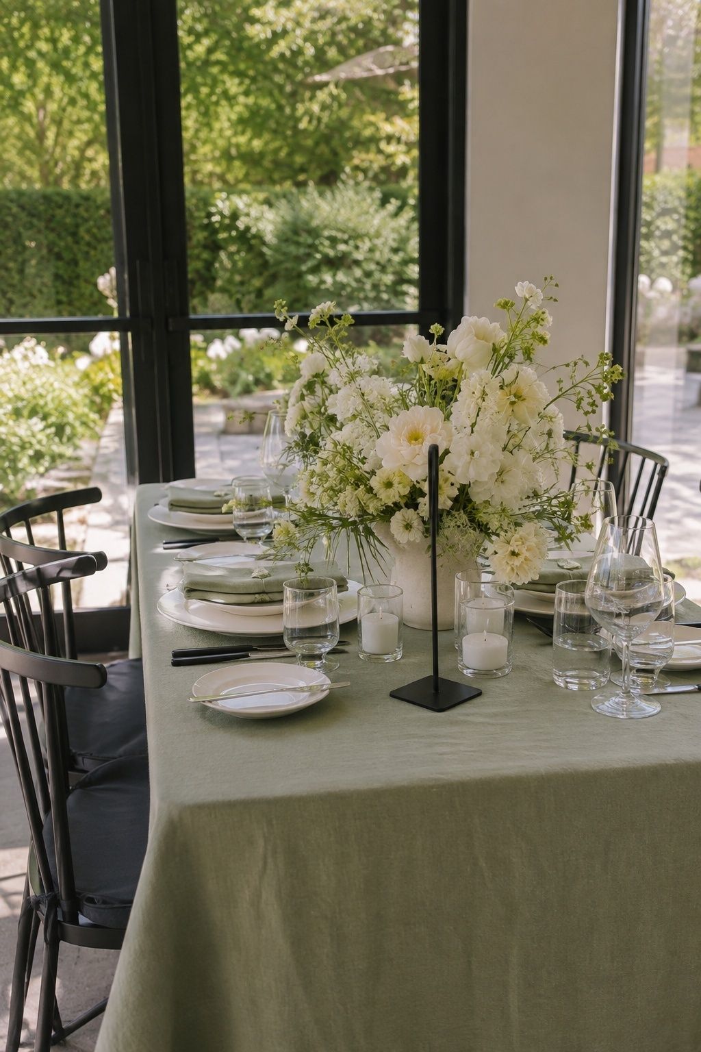 Sage linen and ivory flowers pair with slim black chairs at a spring reception.