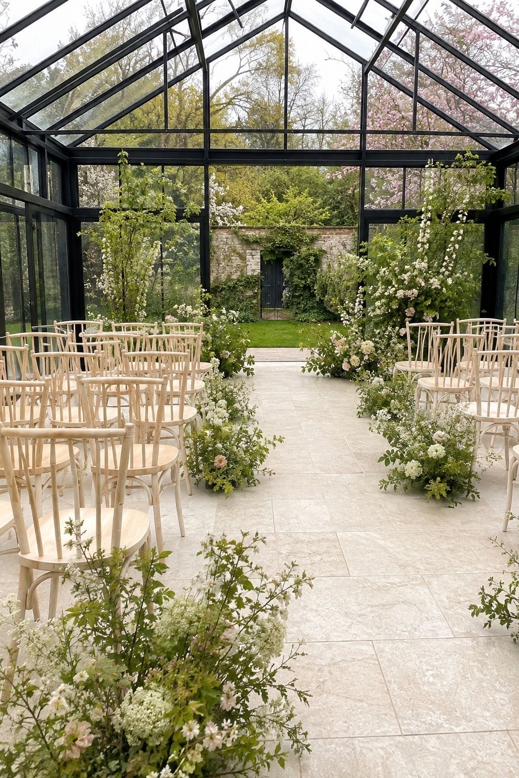 A small modern wedding ceremony is arranged inside a bright glasshouse conservatory.