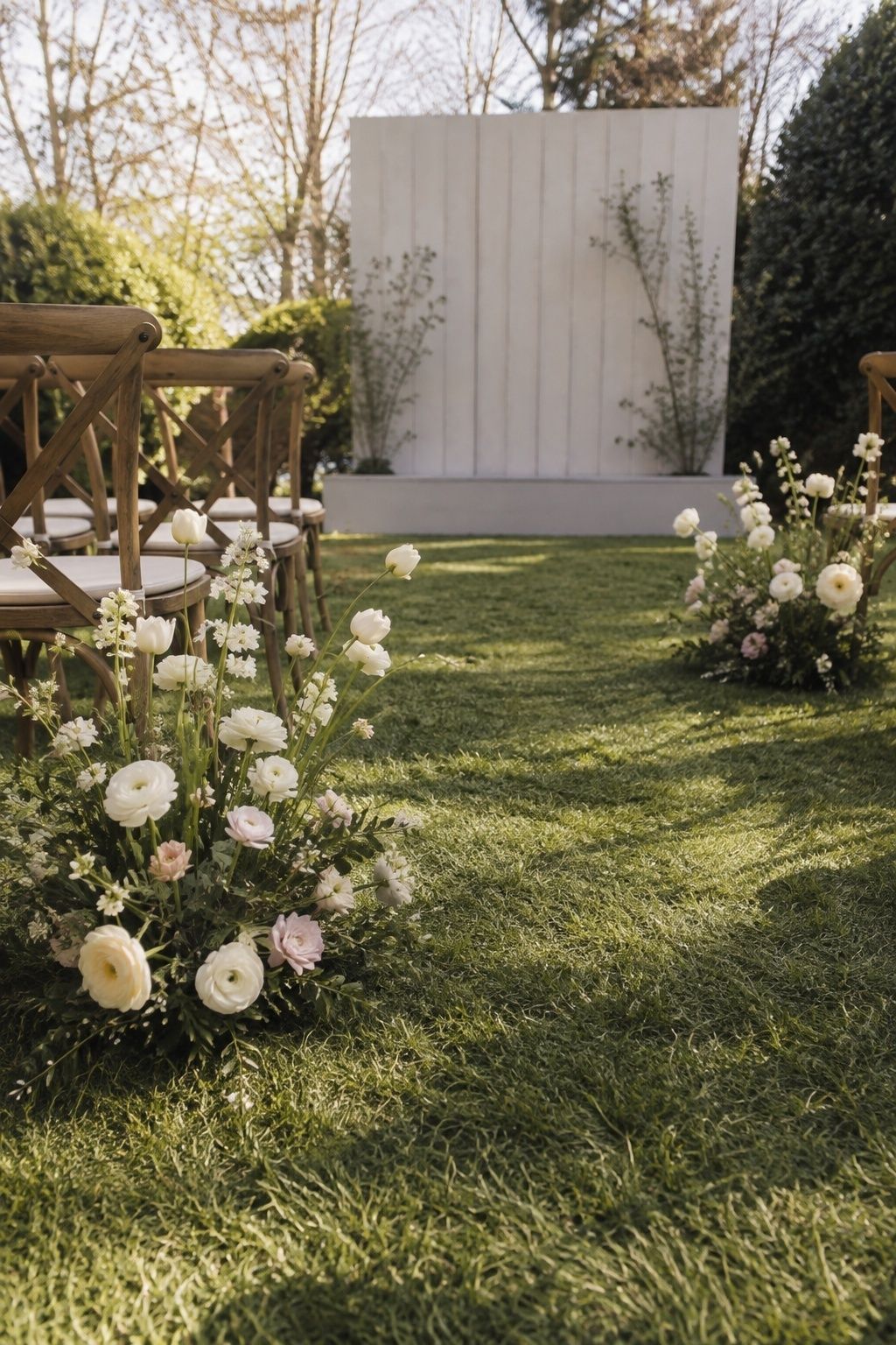 Low sculptural spring flowers preserve open sightlines at a garden ceremony.