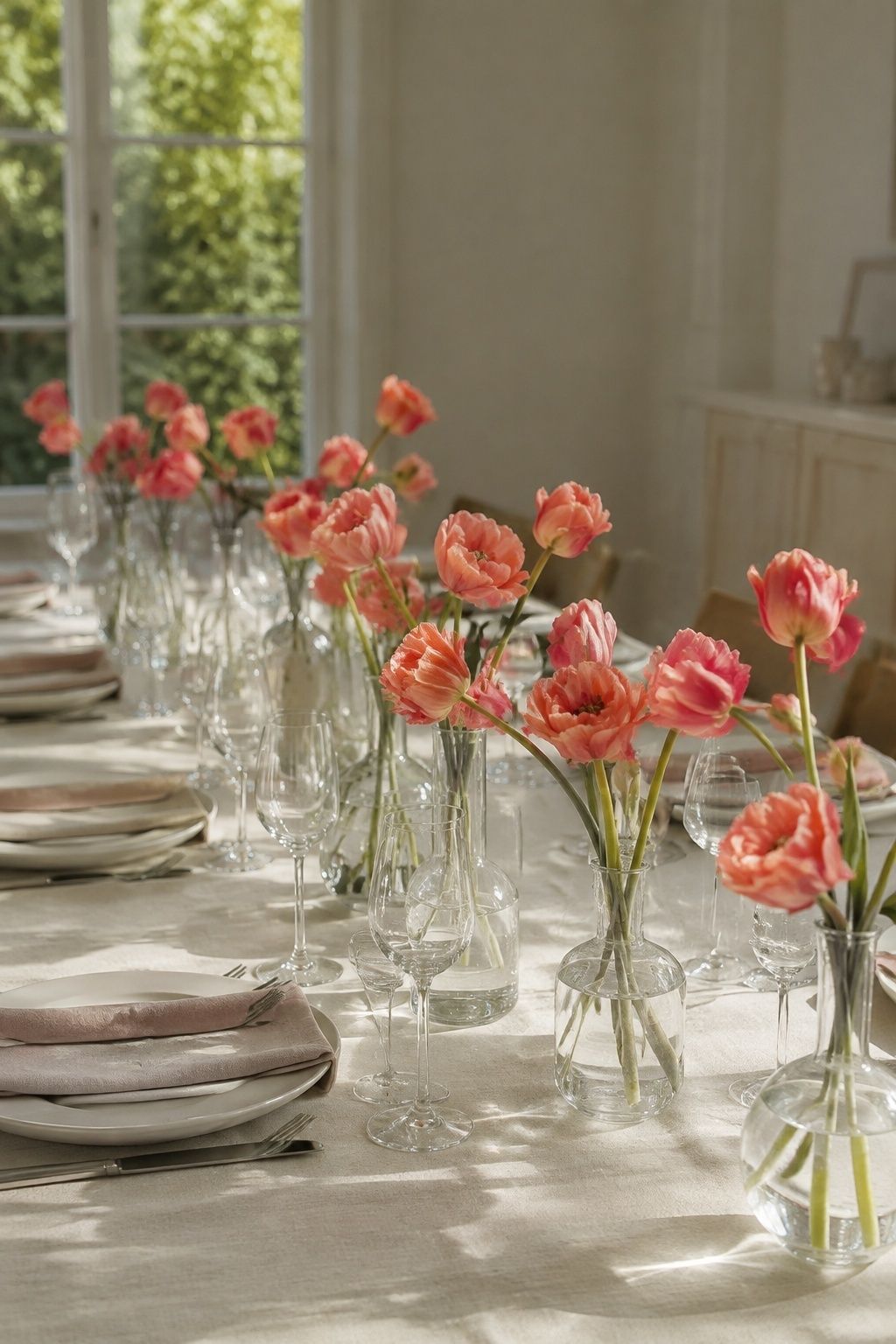 Coral parrot tulips repeat in single-variety bud vase arrangements.