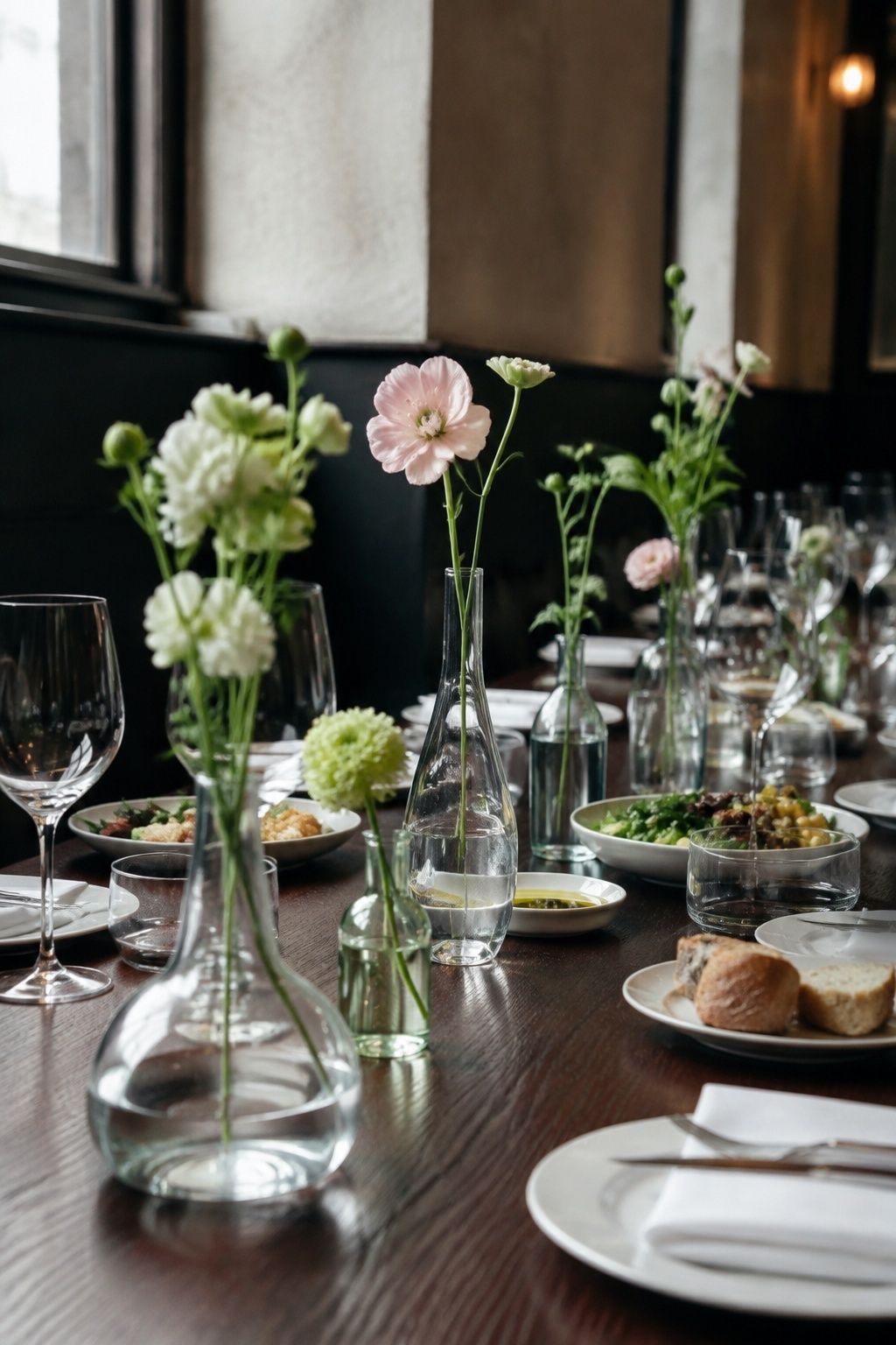 Sparse spring stems in bud vases leave room for dinner service.