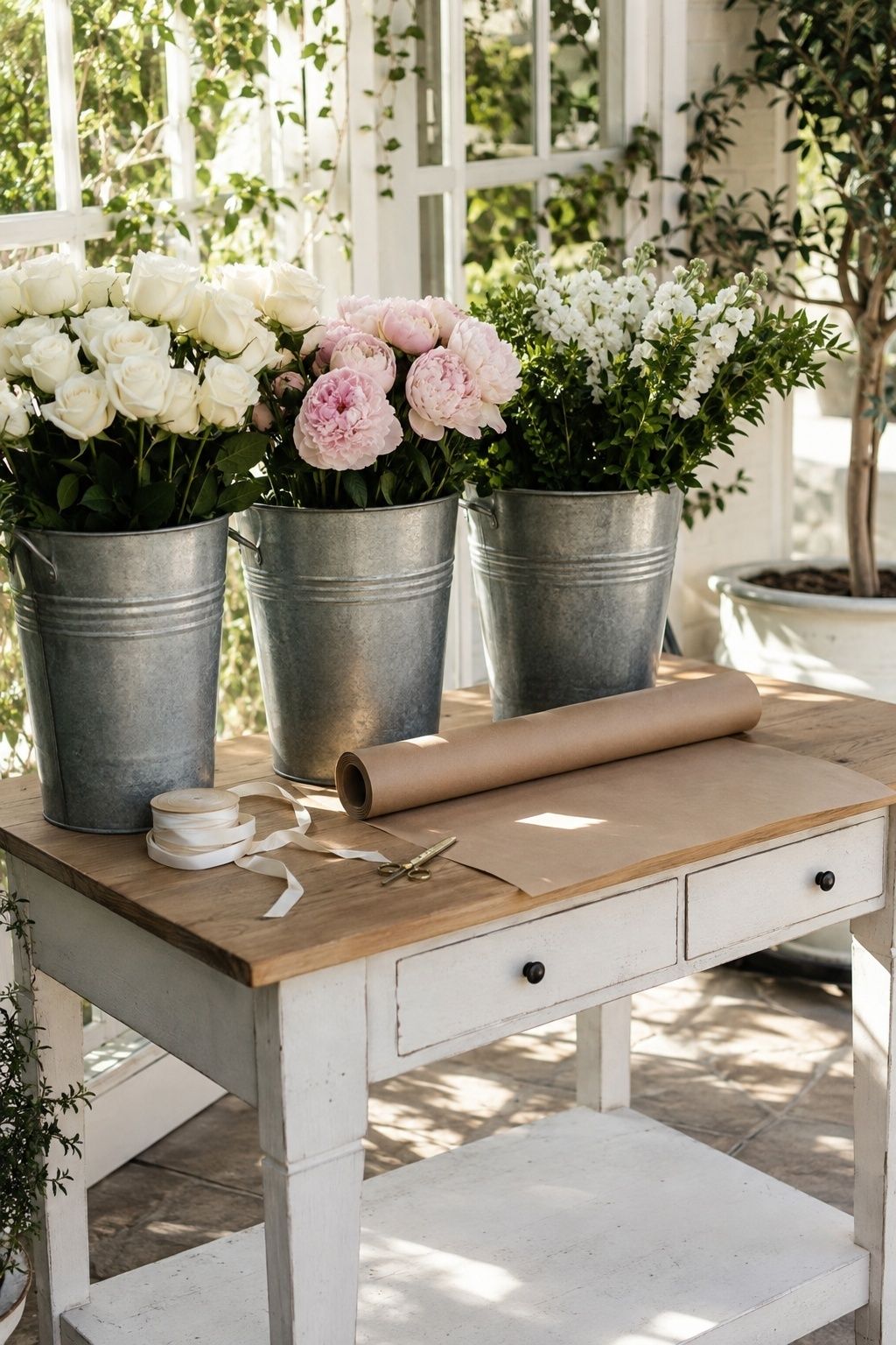 A tidy wedding flower bar offers grouped stems, paper and ribbon for guests.