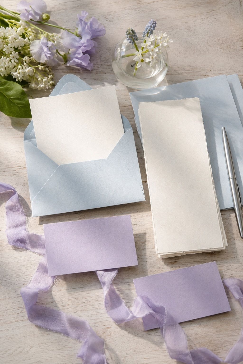 Powder blue and lavender wedding stationery rests beside spring flowers.