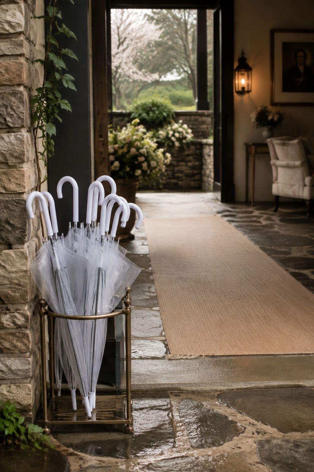 Clear umbrellas wait beside a covered path for a spring wedding rain plan.