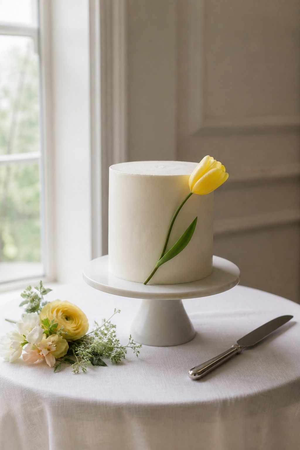 A minimal ivory wedding cake is finished with one butter yellow tulip.