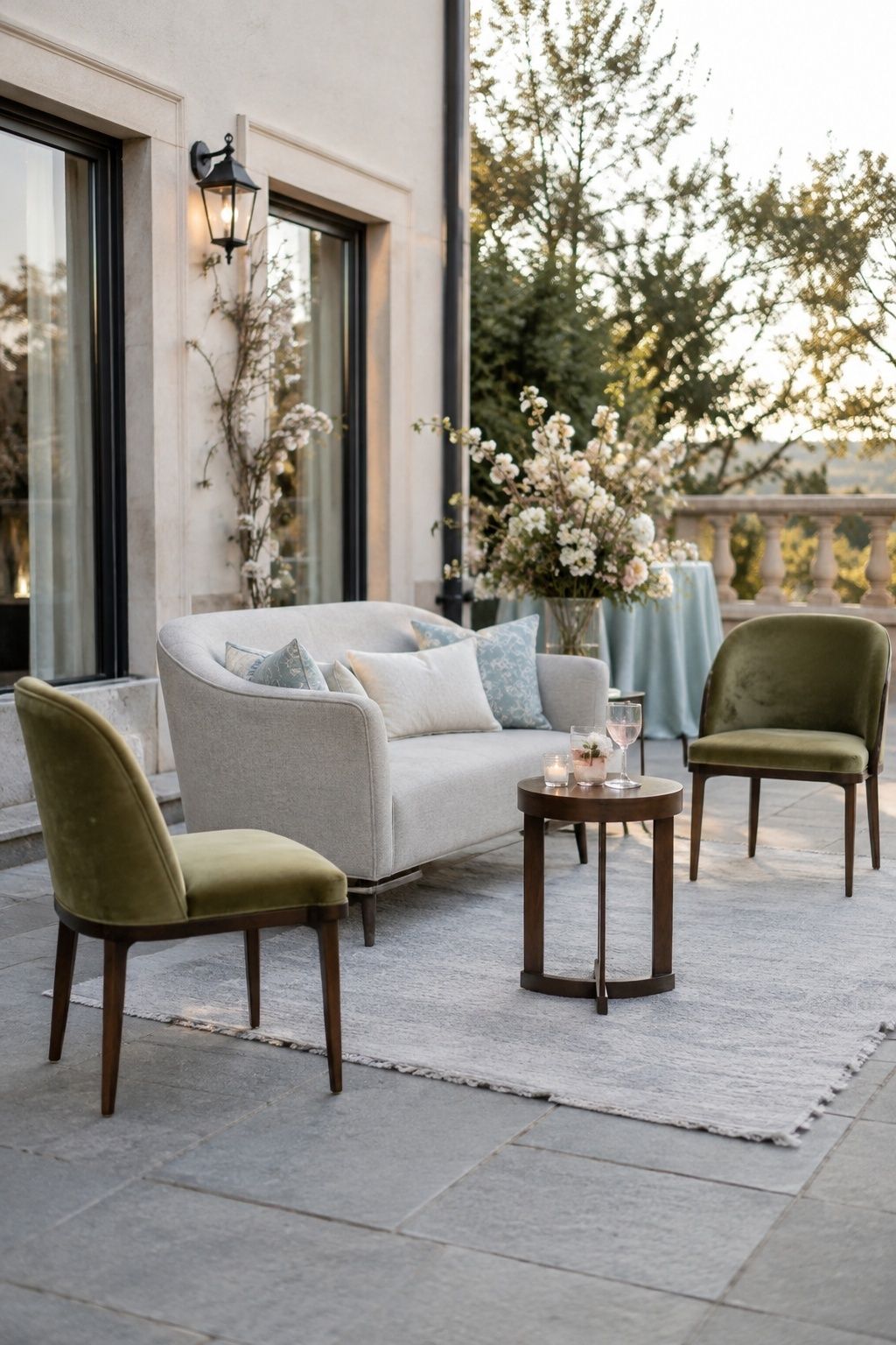A low pale lounge creates an easy seating pocket on a wedding terrace.