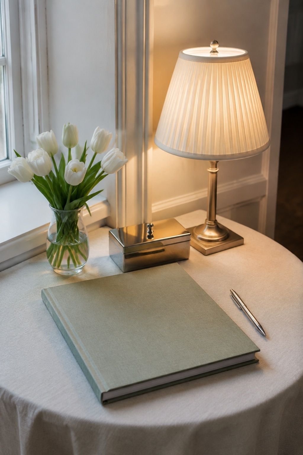 A sage linen guest book becomes a compact, well-lit reception design detail.