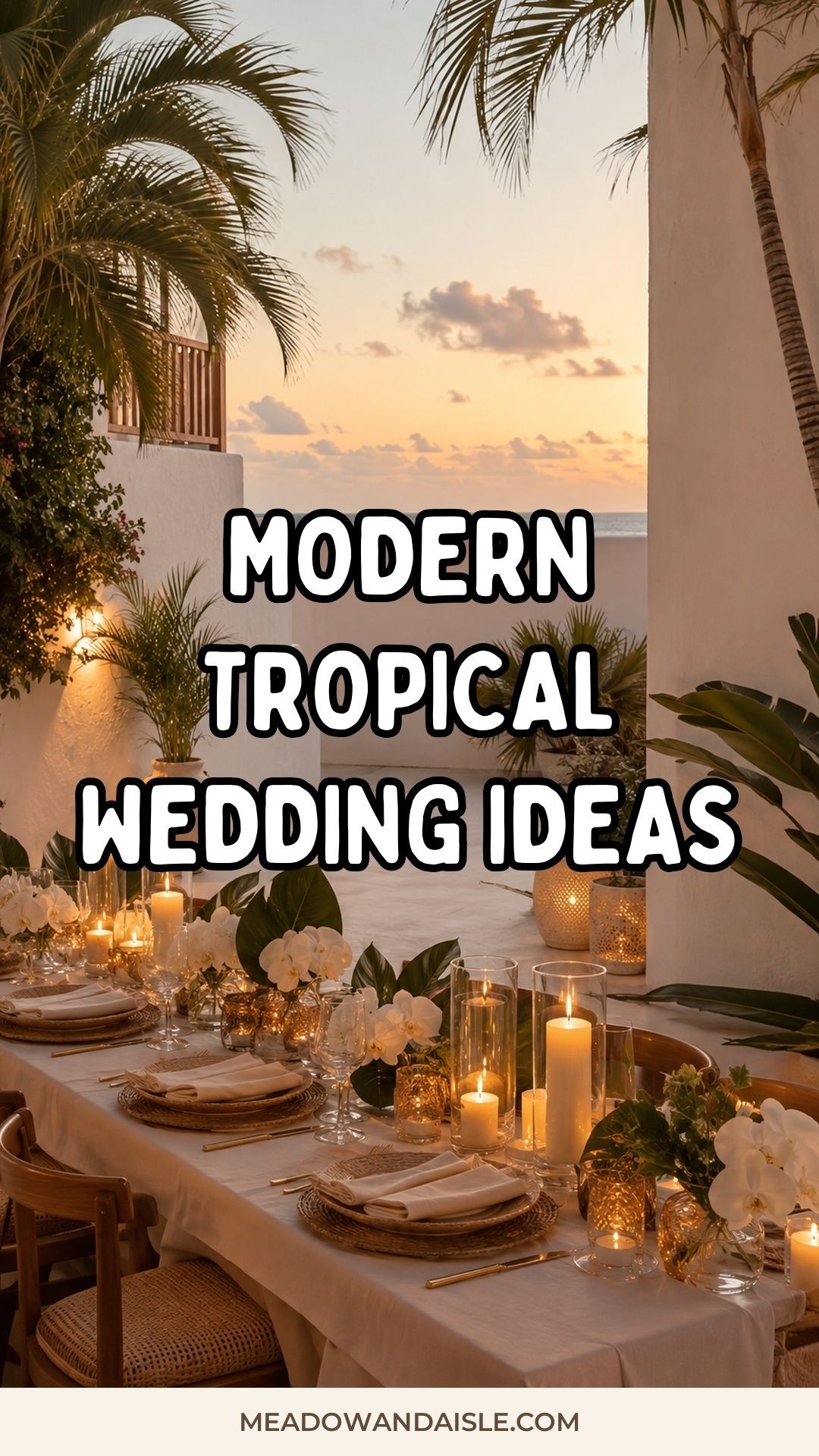 Modern tropical wedding ideas Pinterest pin with an intimate courtyard reception