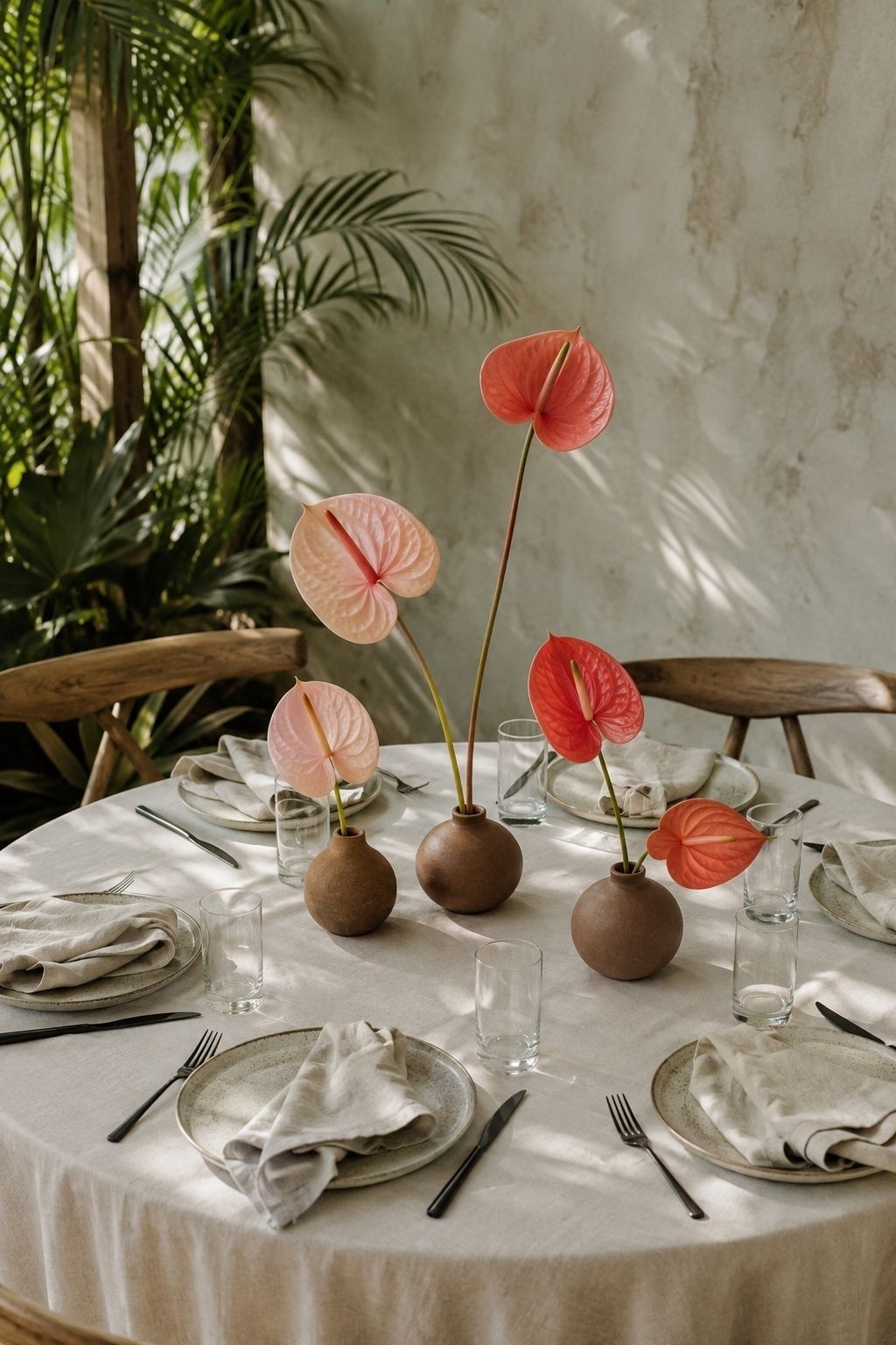 Anthurium table arrangements with negative space