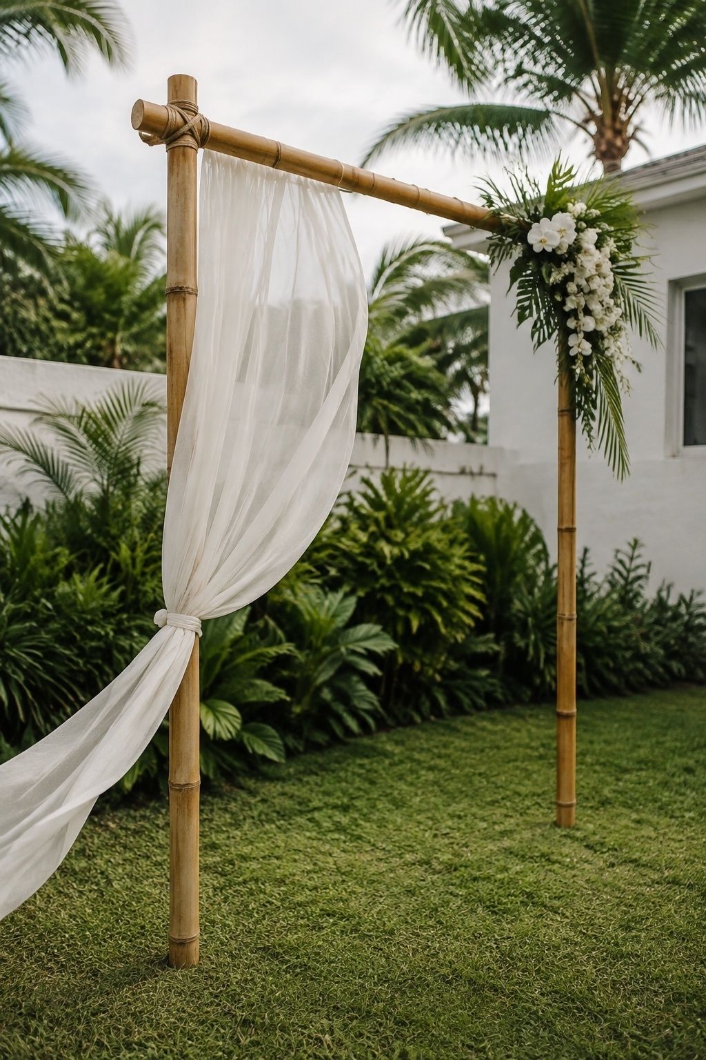 Bamboo arch draped with sheer white fabric