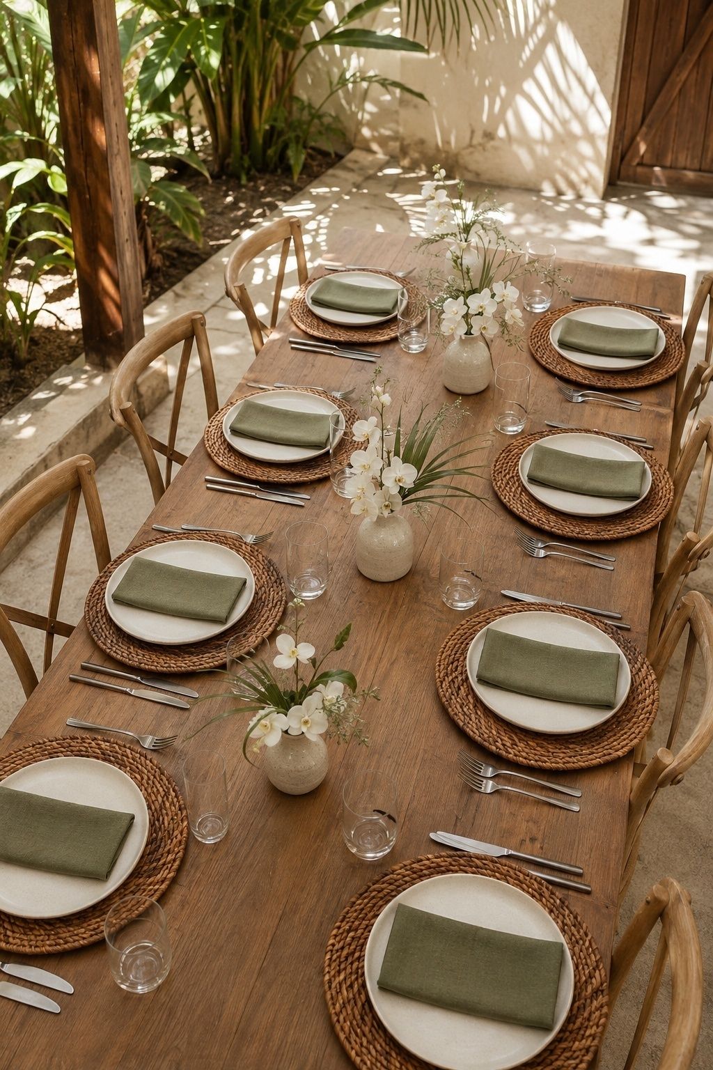 Rattan chargers and ceramic vases on a reception table