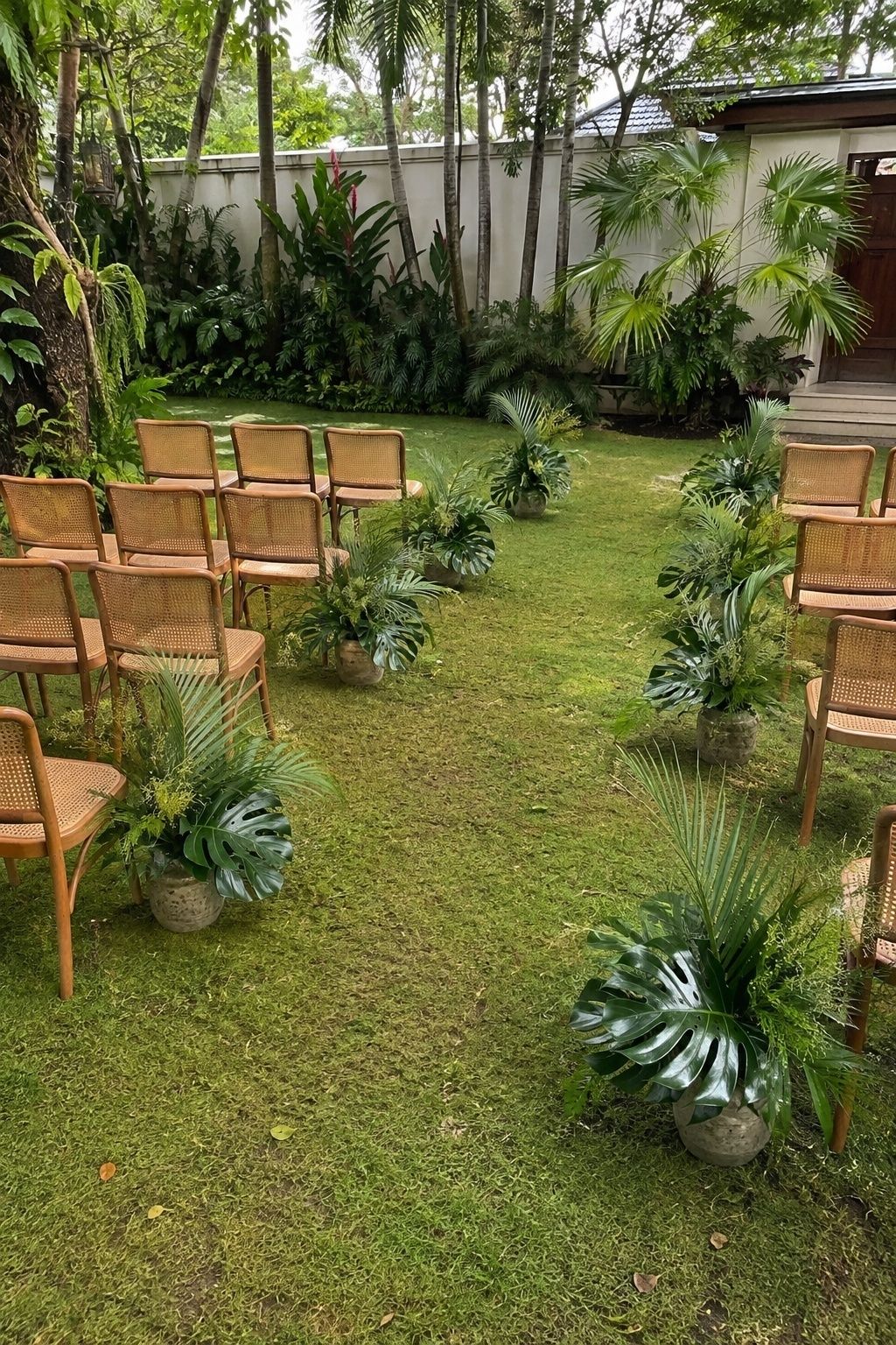 Clusters of tropical greenery along the aisle