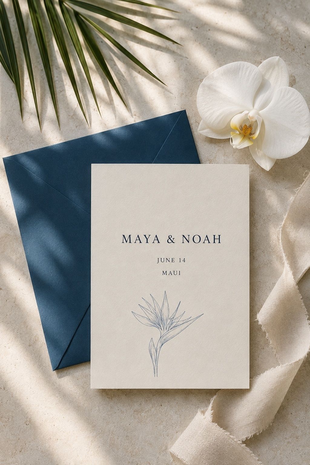Clean tropical wedding invitation suite