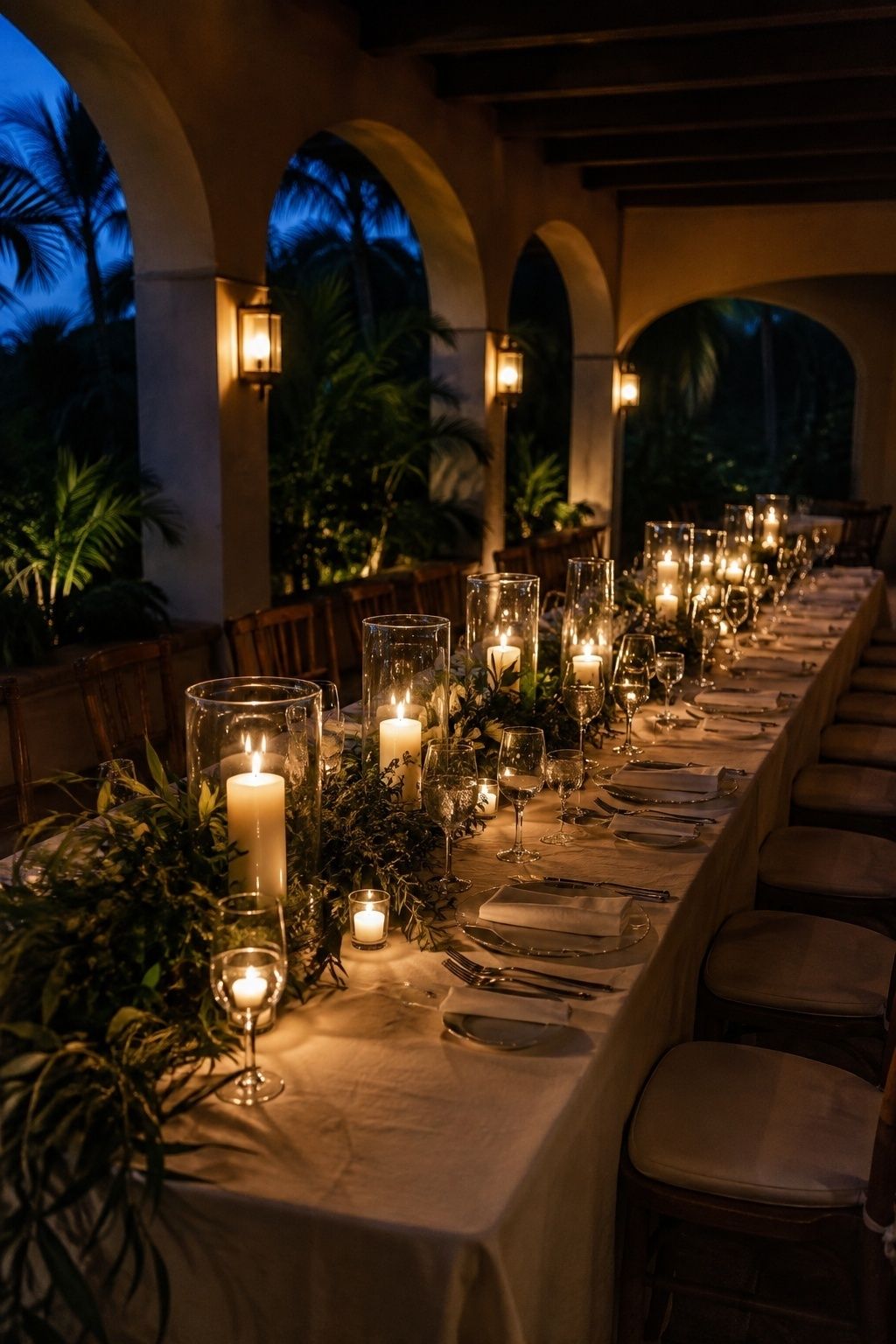 Candlelit reception with lush greenery