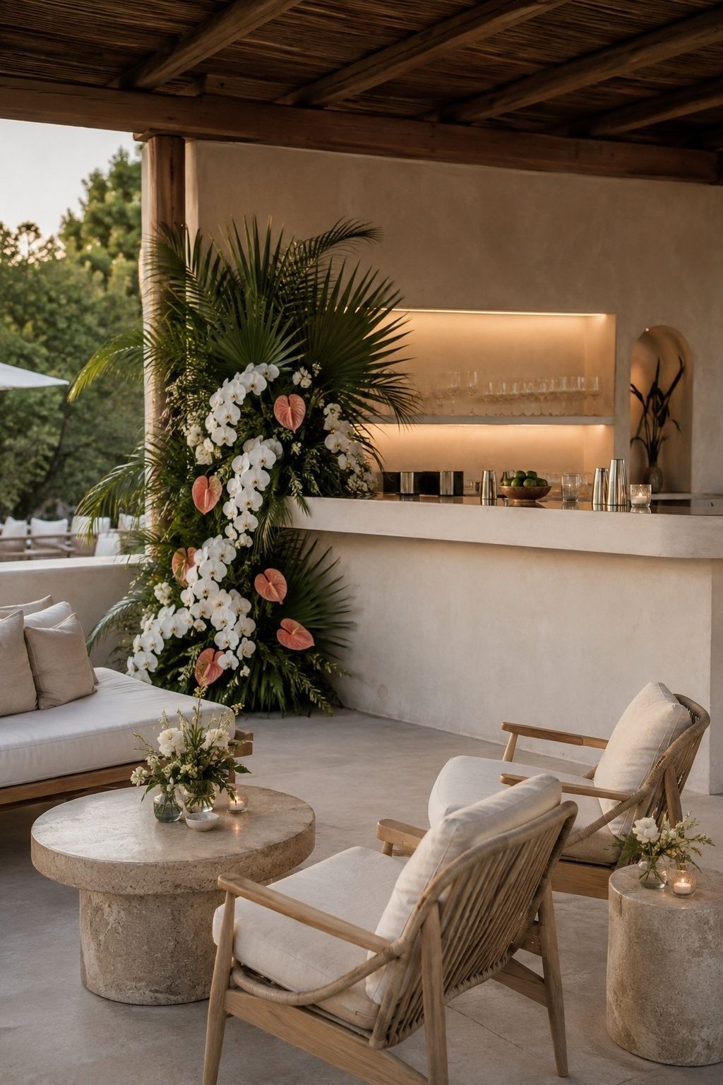 Statement floral bar and lounge area