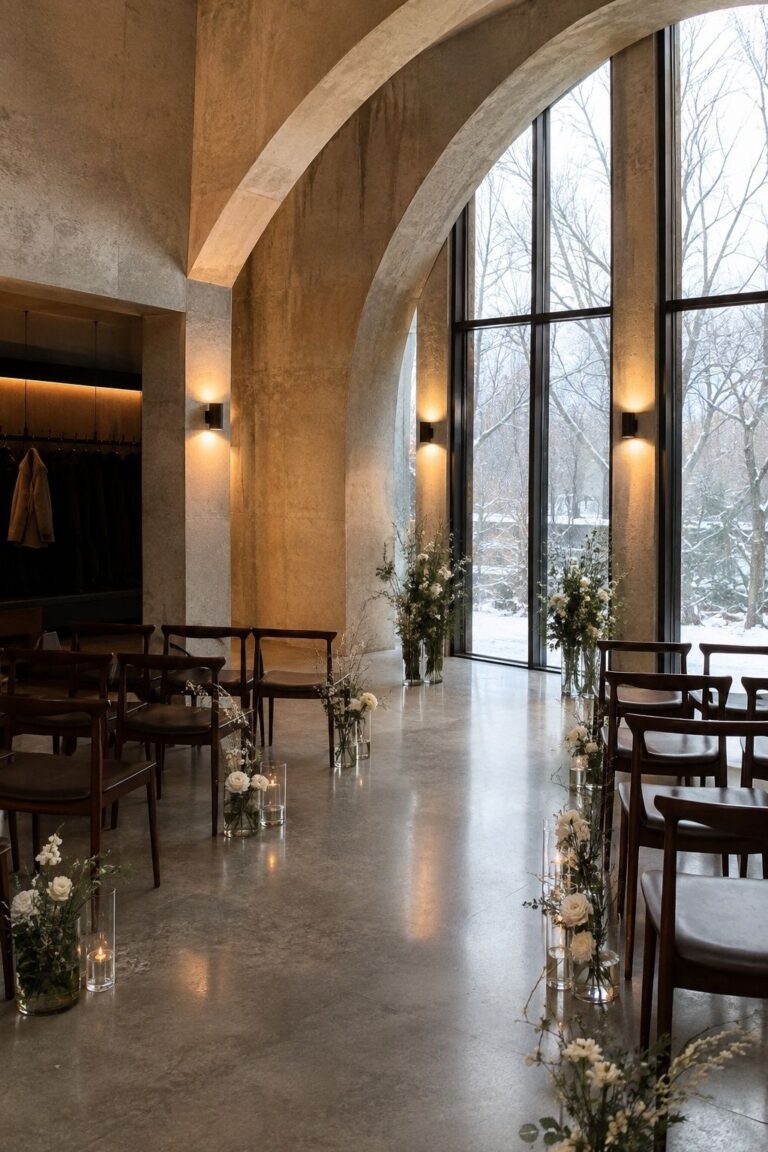 Choose a venue with strong architecture for modern winter wedding ideas