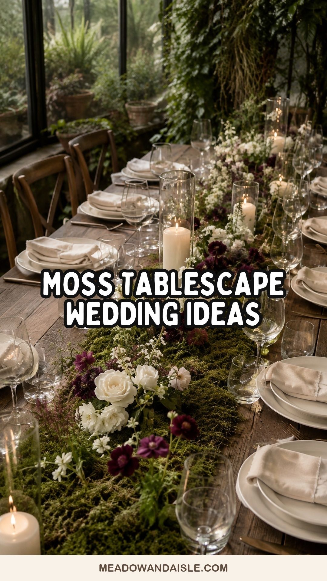 Moss tablescape wedding ideas with white and plum flowers and candlelight