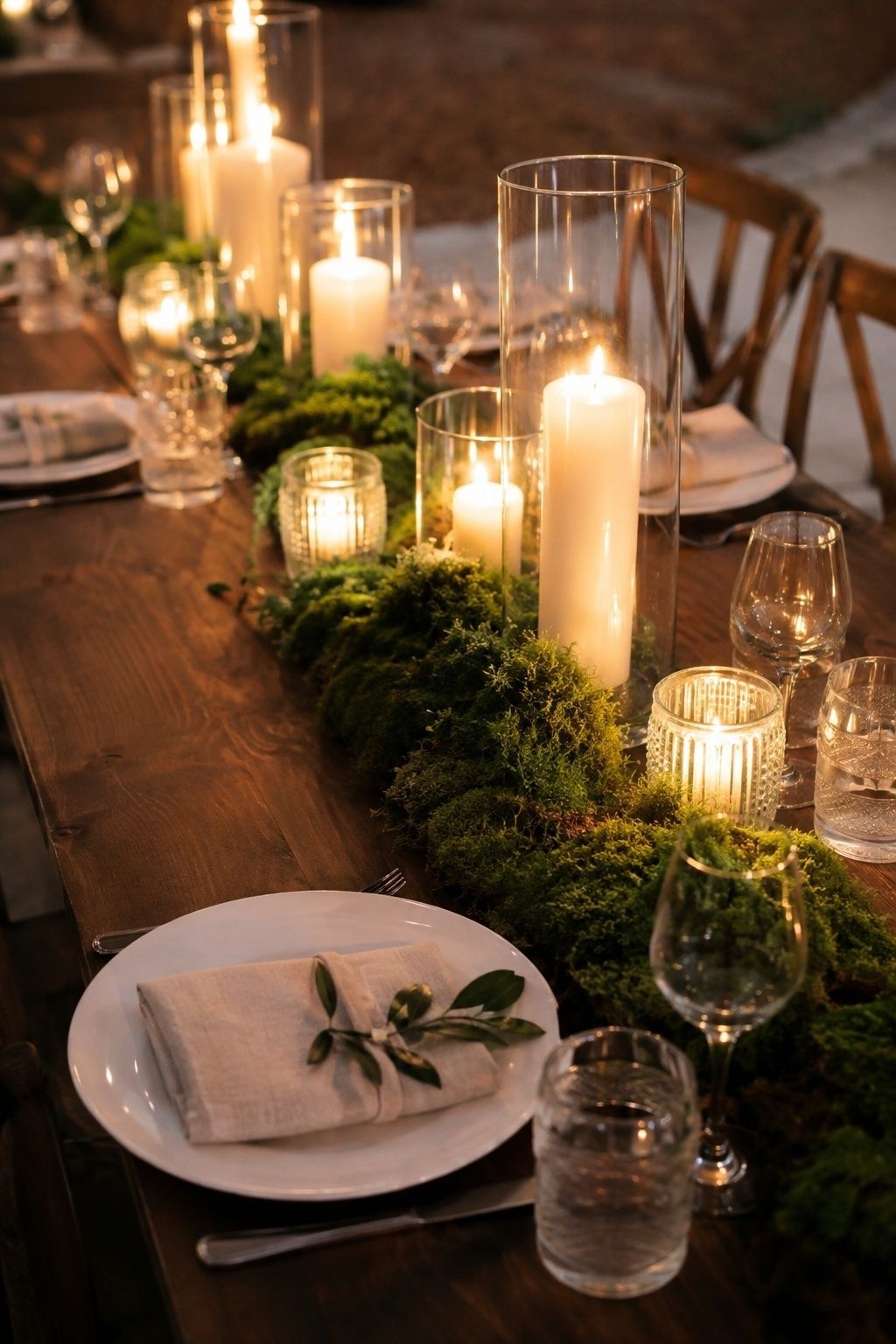 Moss and candles on a wedding table