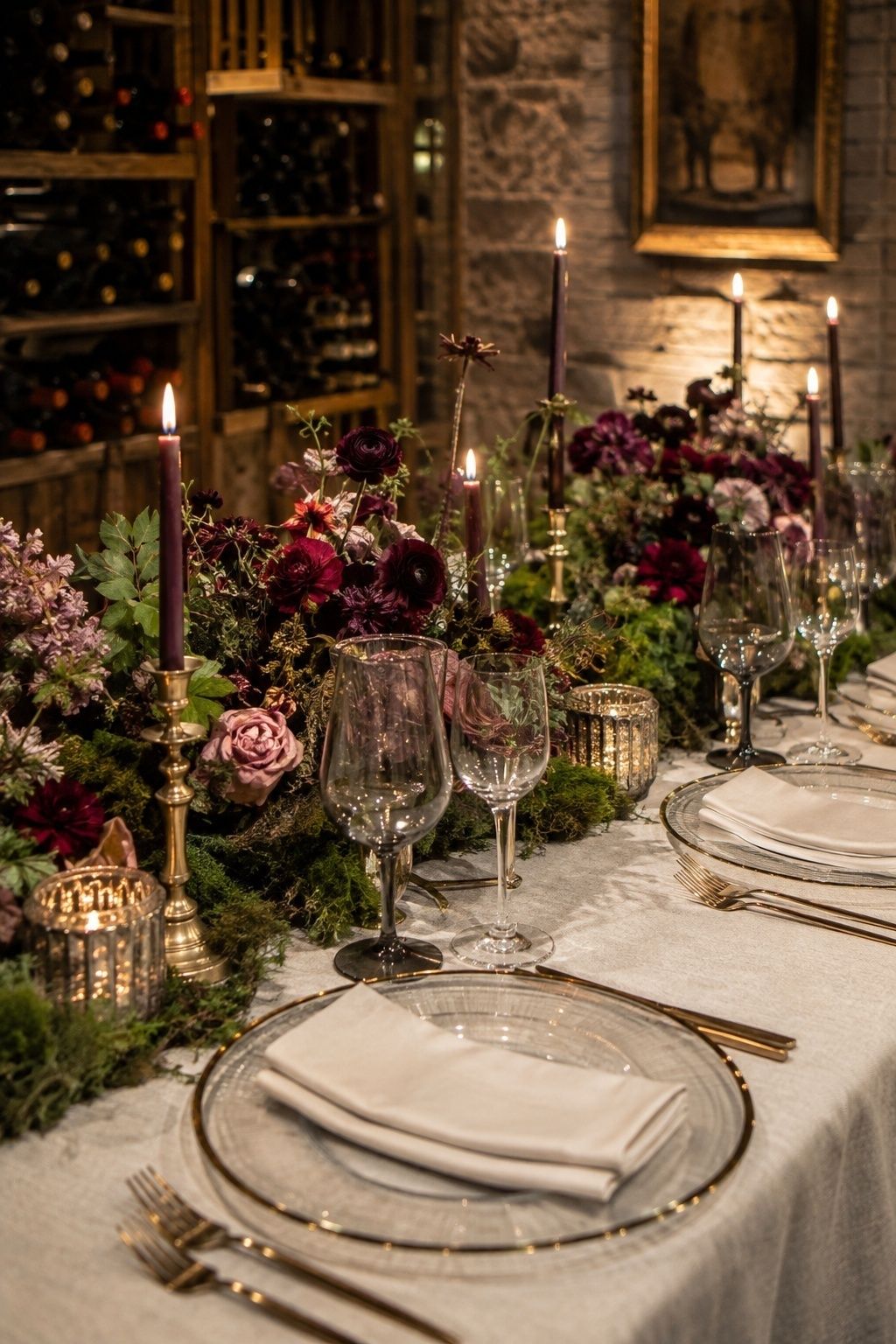 Moss paired with moody flowers