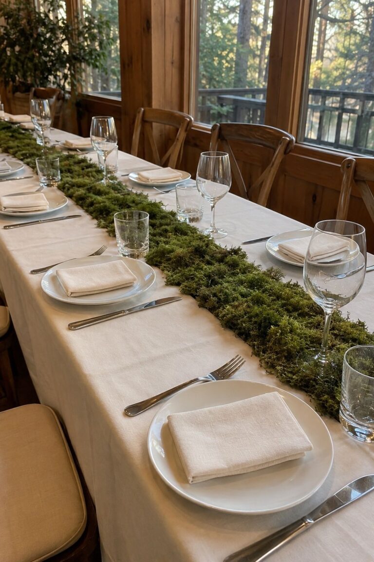 A Narrow Preserved Moss Runner for a dinner-friendly moss tablescape wedding.