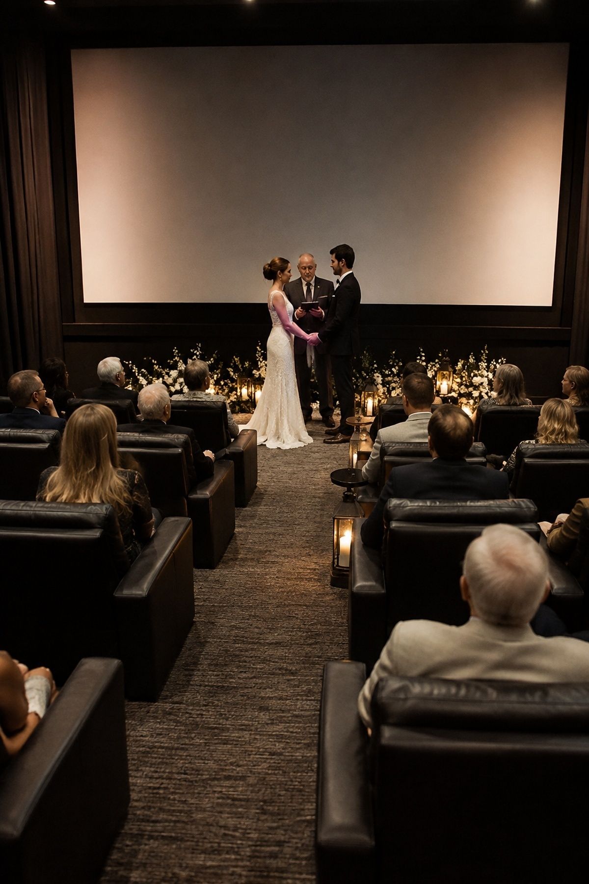 Private screening room ceremony for a movie theatre wedding