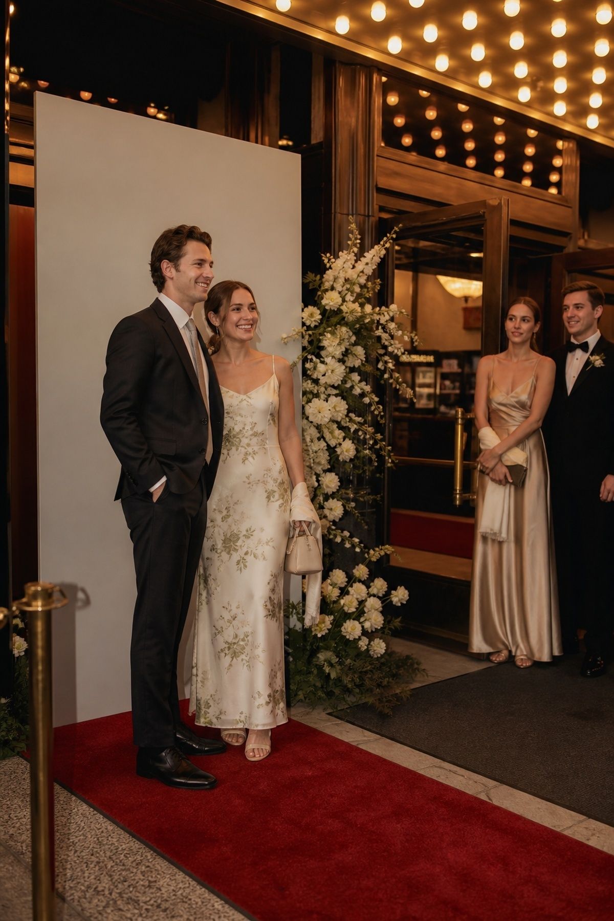Small red carpet photo moment at a movie theatre wedding