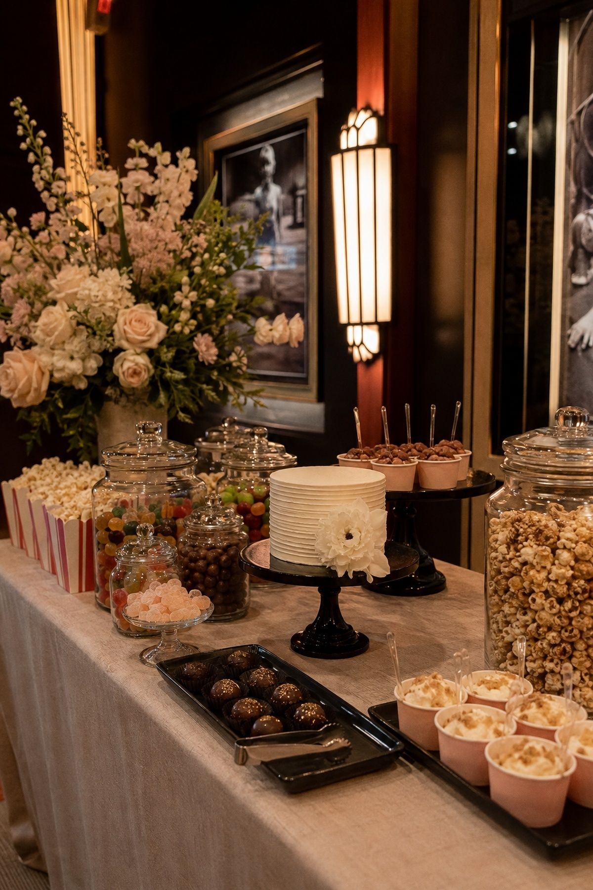 Concession-inspired dessert table for a movie theatre wedding