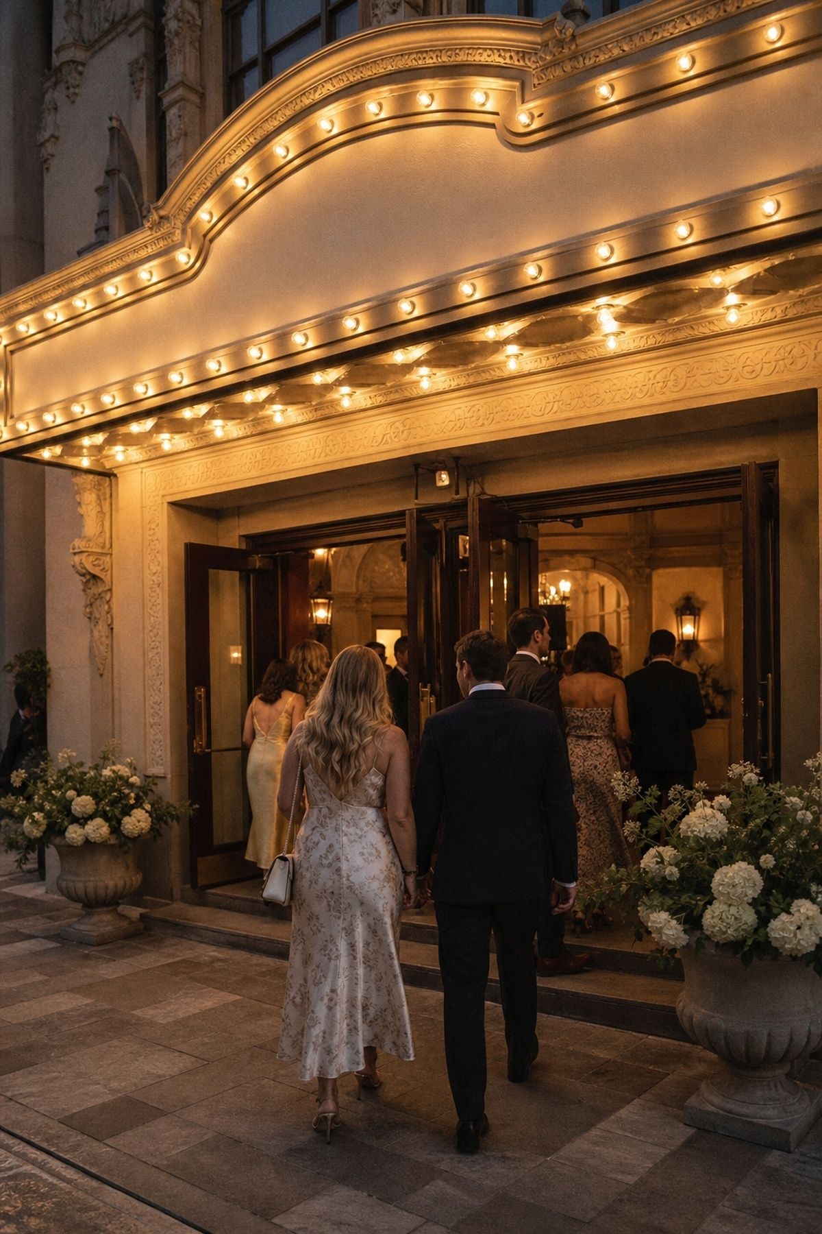Historic cinema wedding venue entrance with warm marquee lights