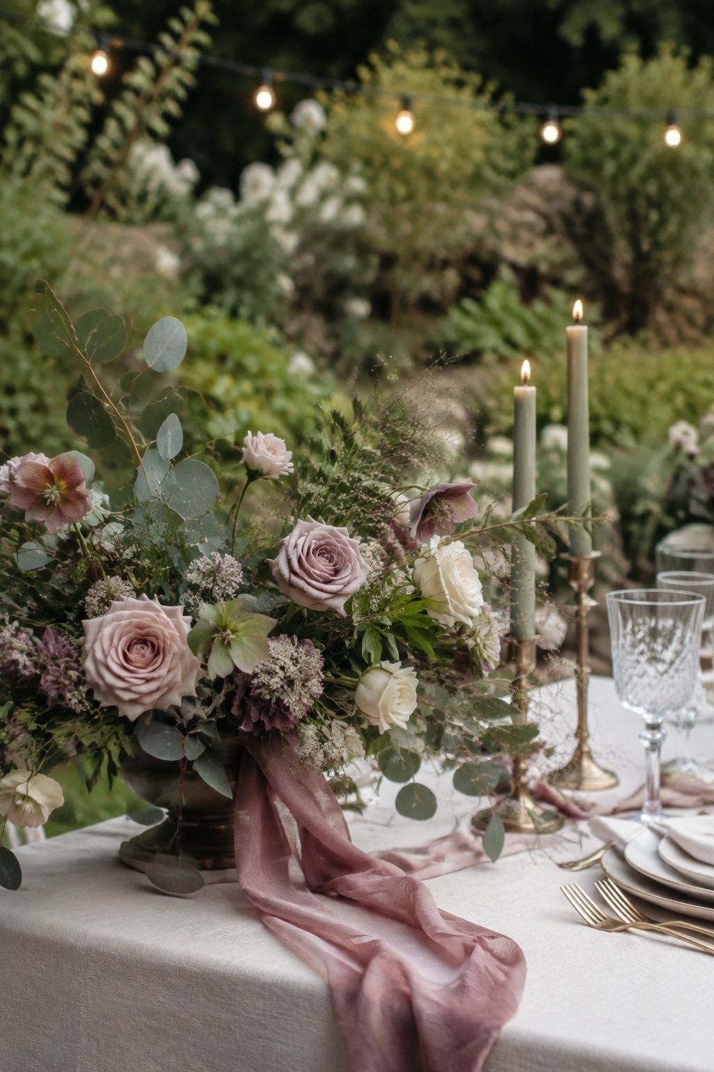 Mauve details with sage greenery