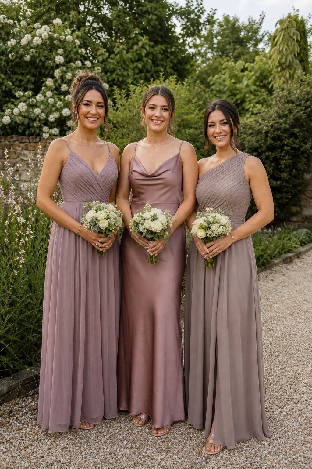 Bridesmaids in muted mauve dresses
