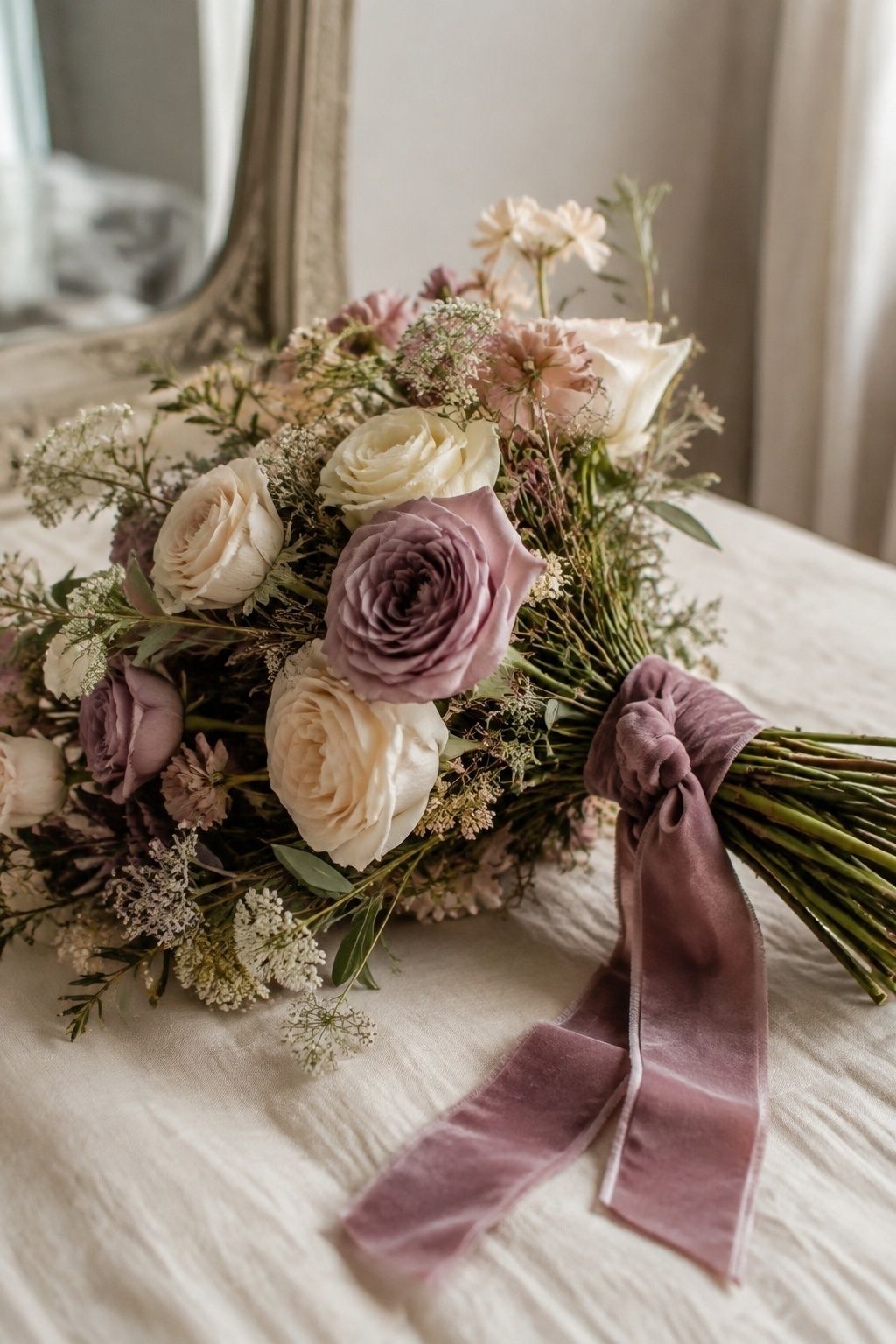 Bouquet tied with mauve velvet ribbon