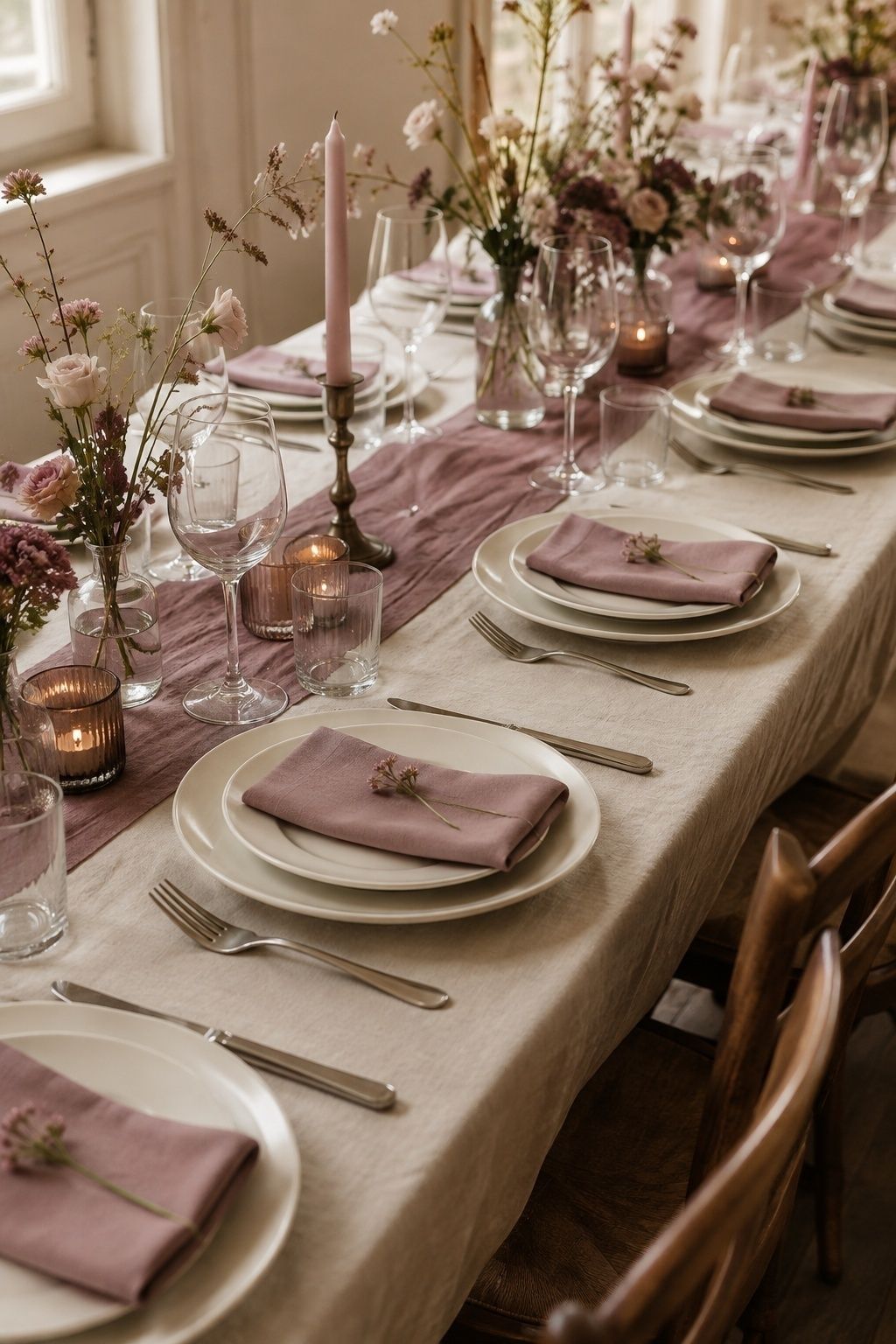 Mauve napkins folded on ivory plates