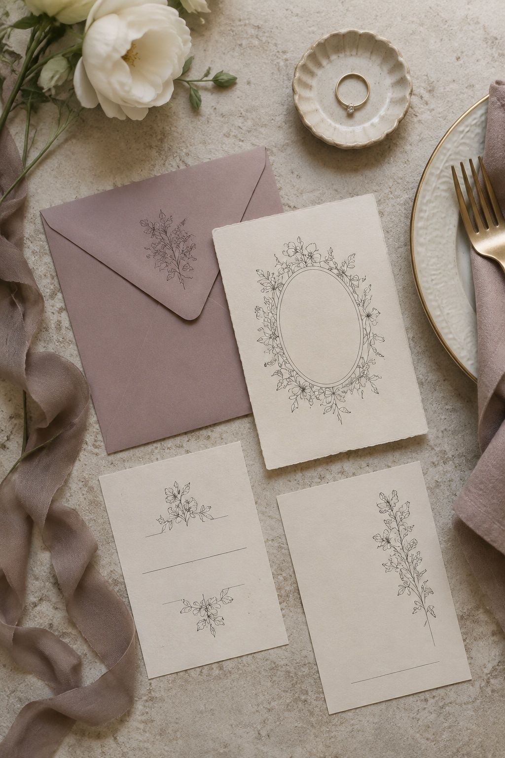Mauve stationery printed on warm cream paper