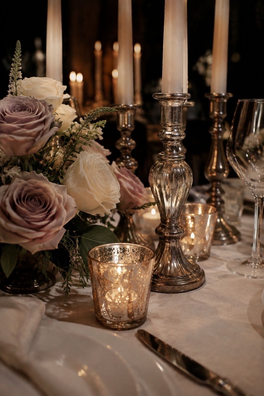 Mercury glass and antique candleholders