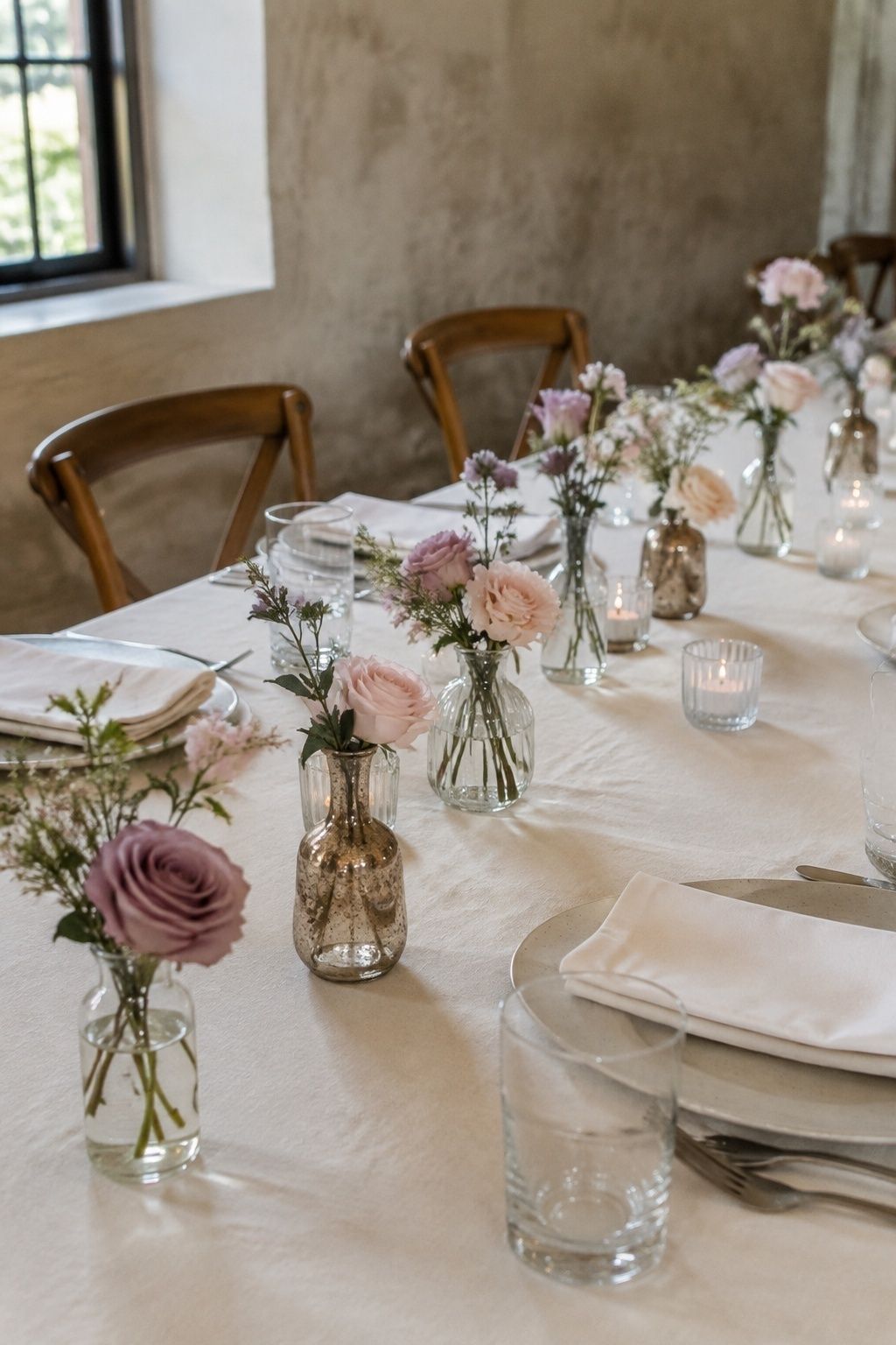 Bud vases with mauve and blush stems