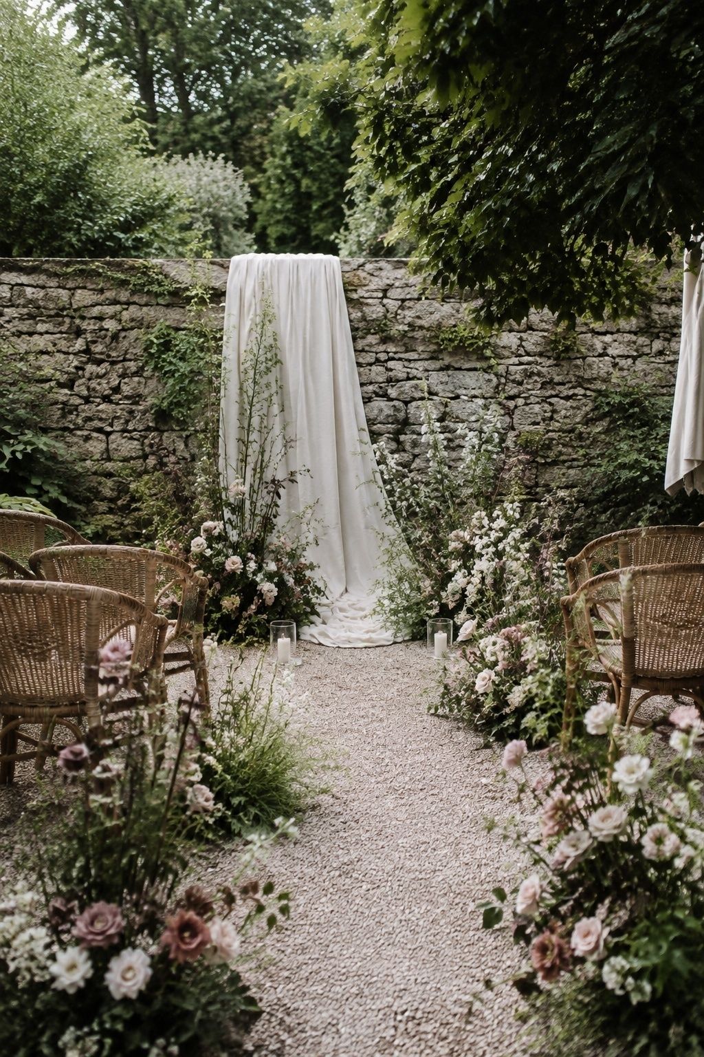 Garden wedding with loose mauve flowers
