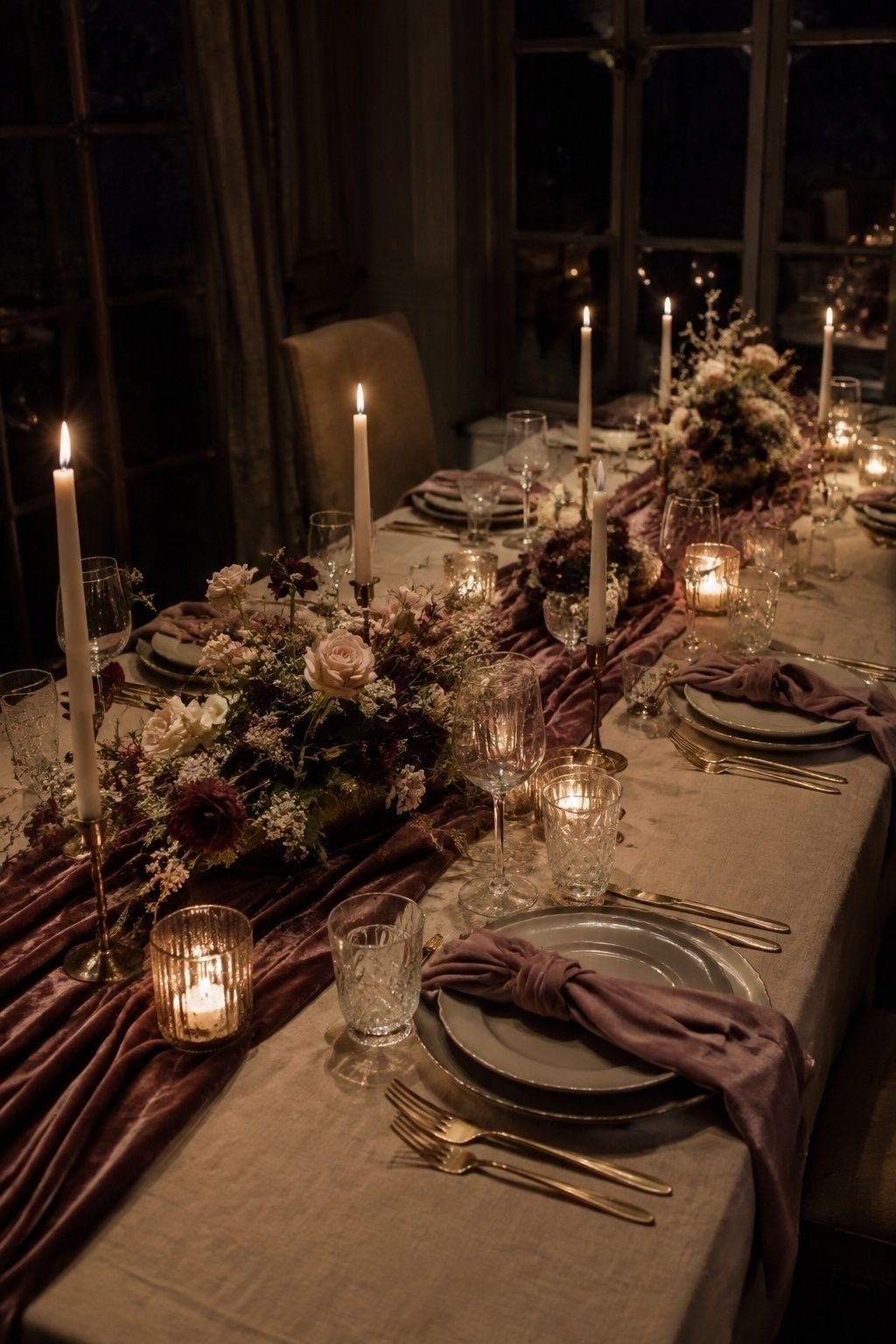 Winter dinner with mauve velvet and candlelight
