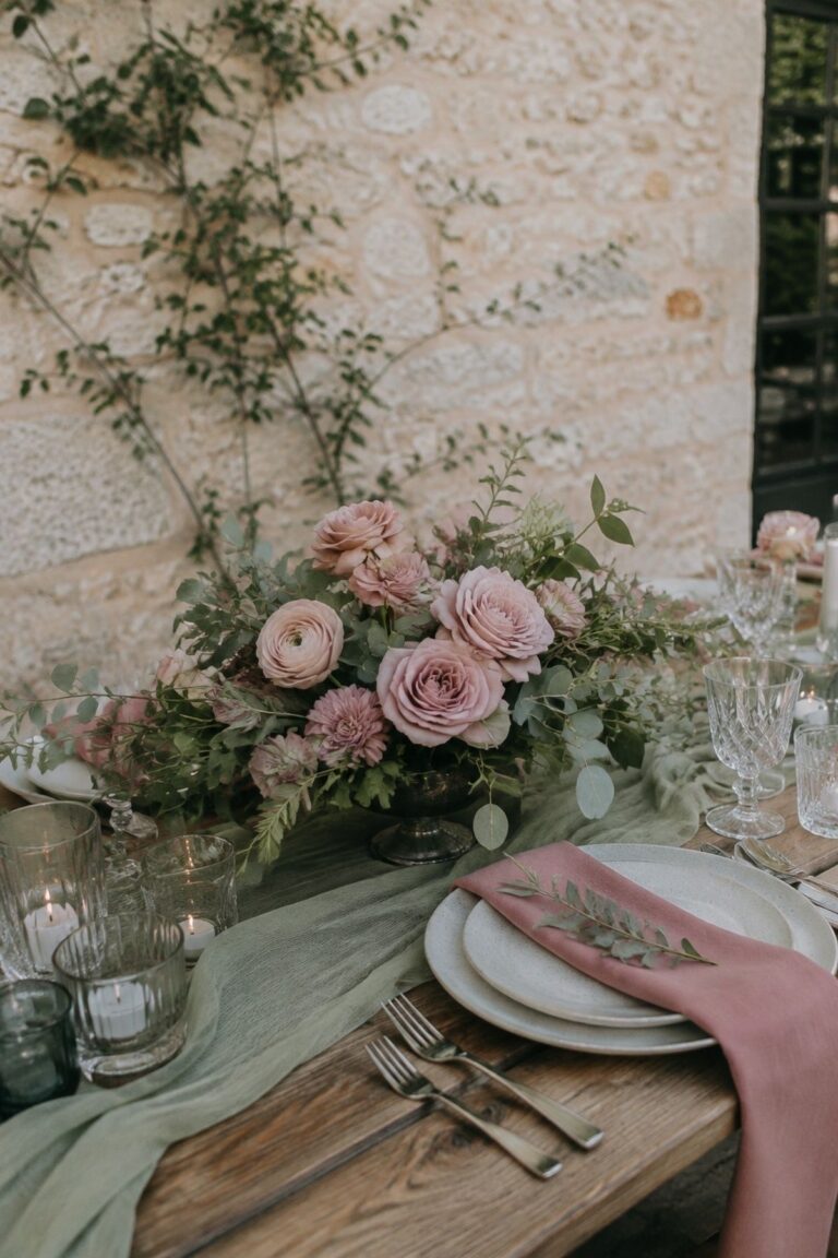 Pair Muted Rose With Sage Greenery in a refined muted rose wedding palette