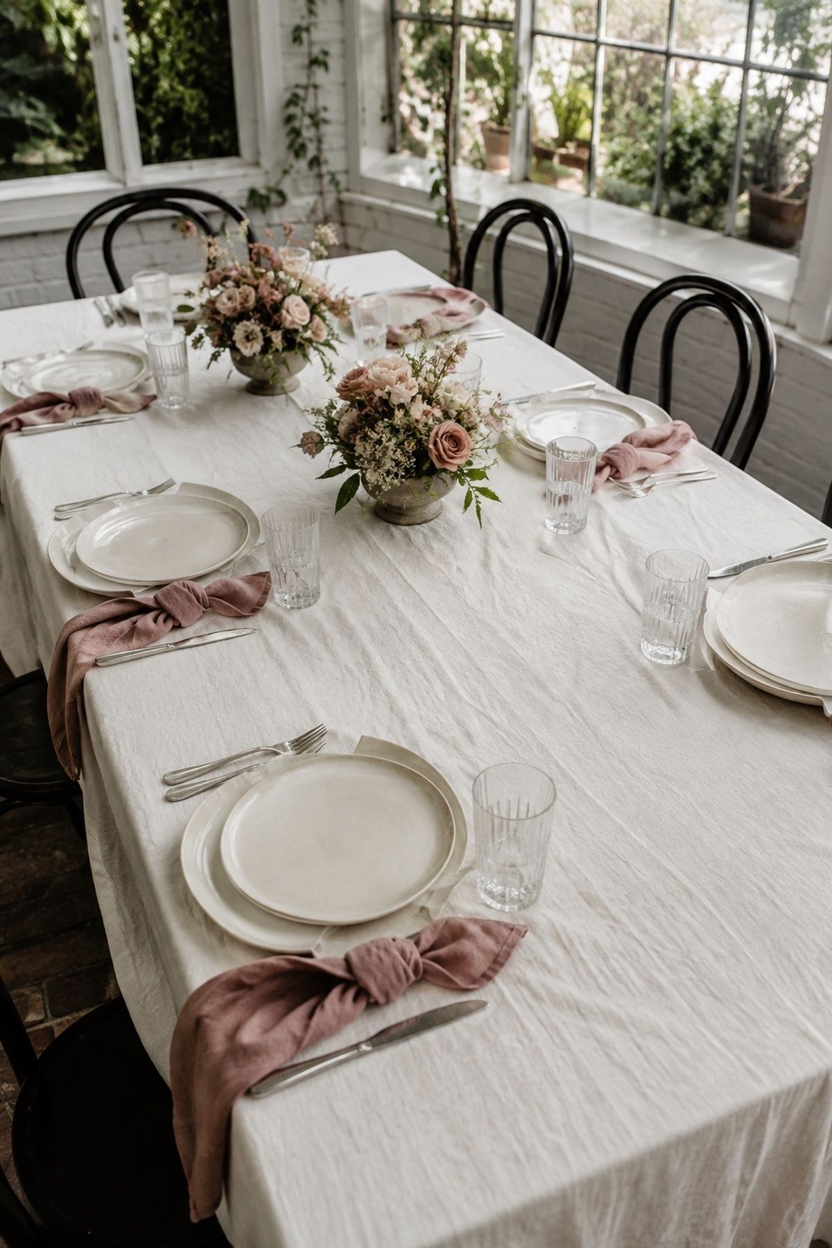 Cream linens as a clean base for muted rose decor