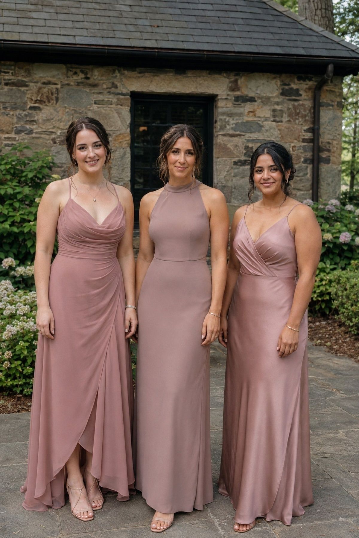 Bridesmaids dressed in muted rose tones