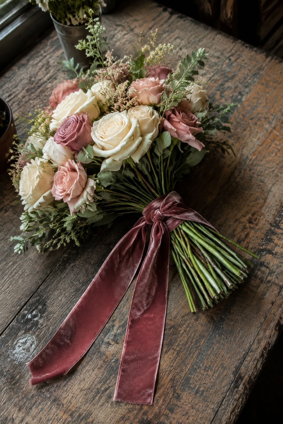 Bouquet tied with rose velvet ribbon