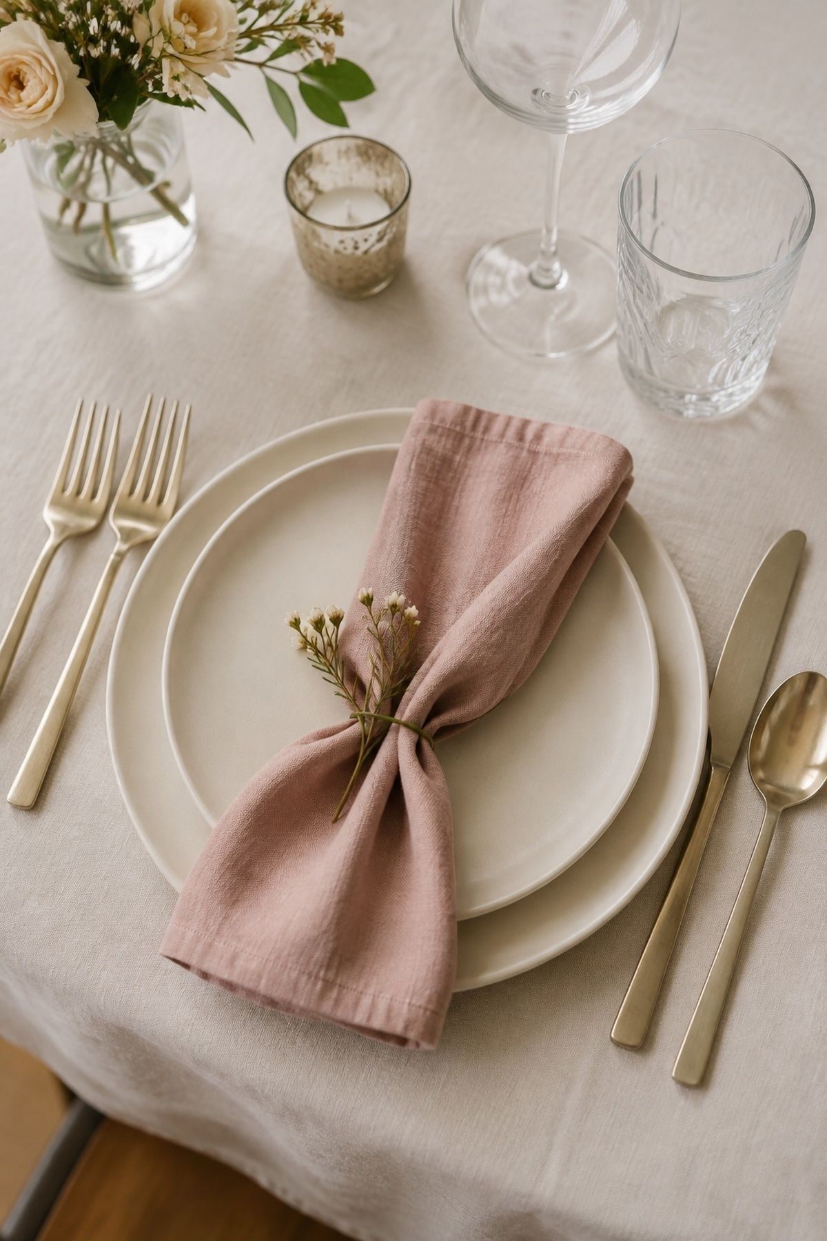 Rose-colored napkins on neutral plates