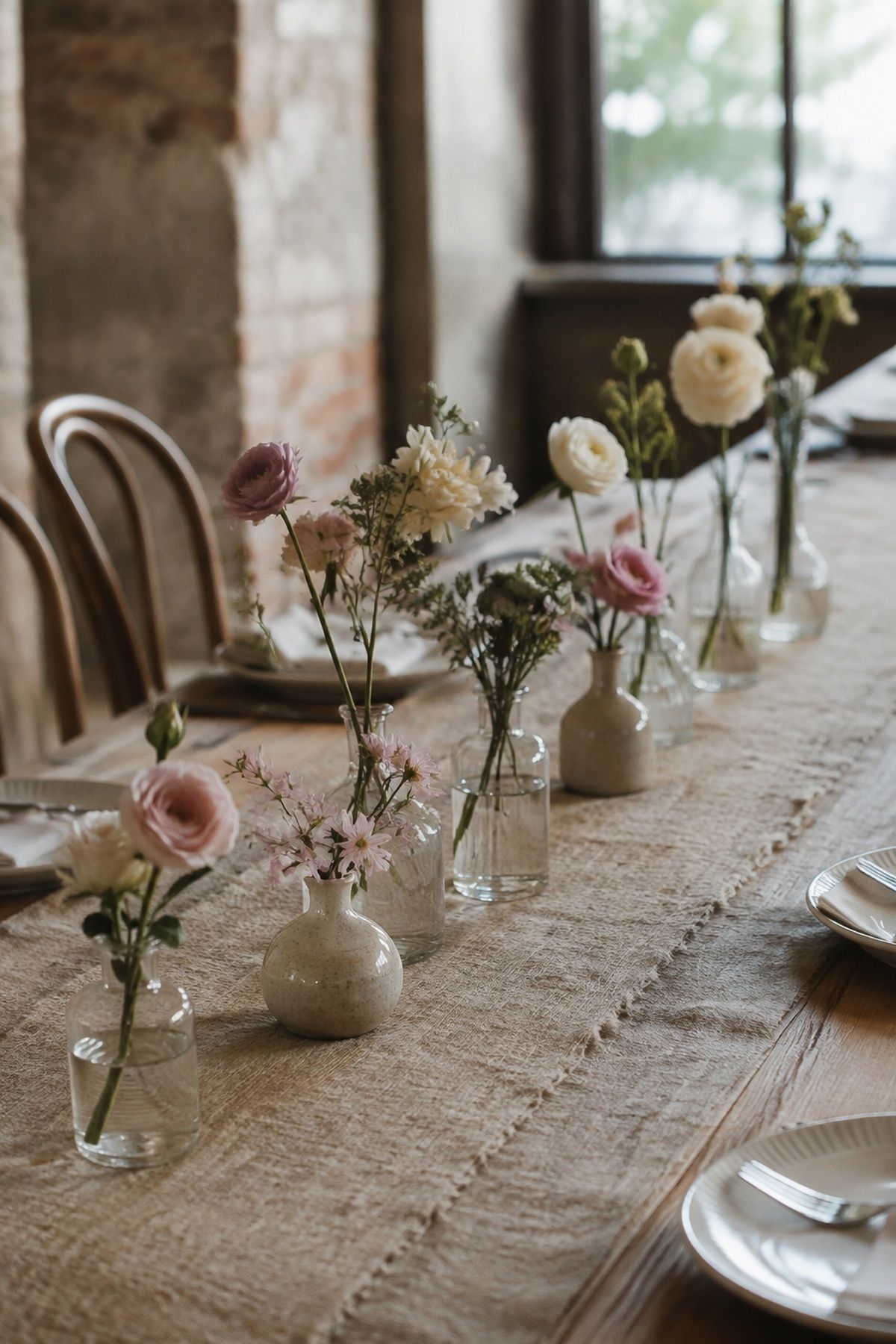 Bud vases on a small wedding table