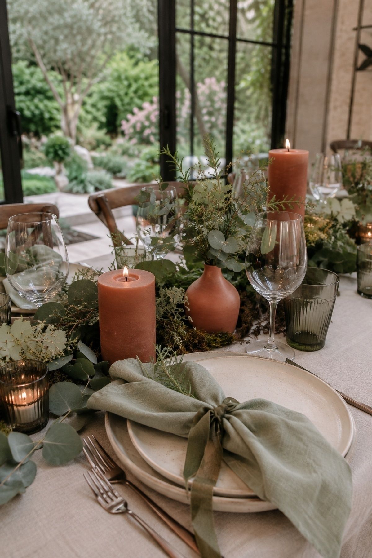 Sage green grounding warm terracotta tones