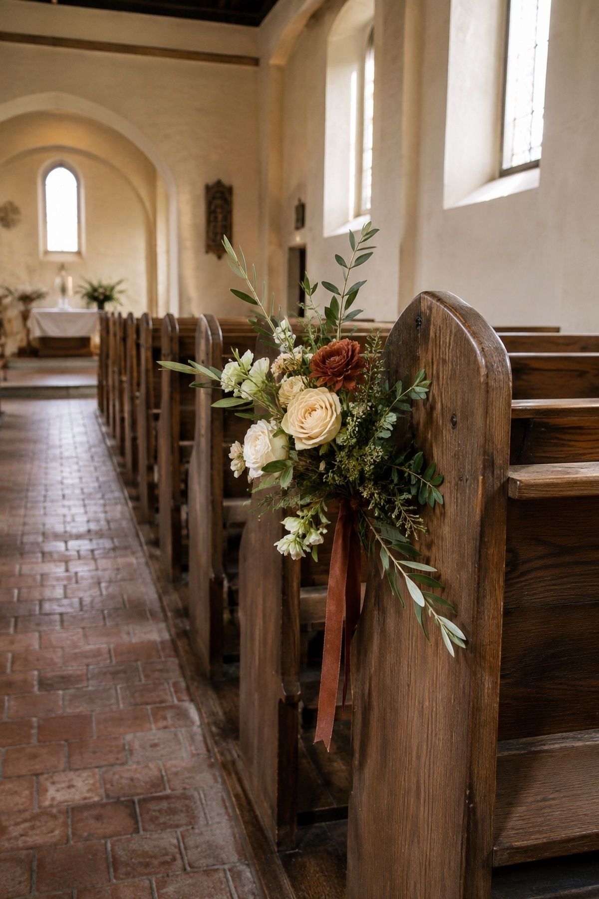 Rust-toned flowers at a chapel ceremony